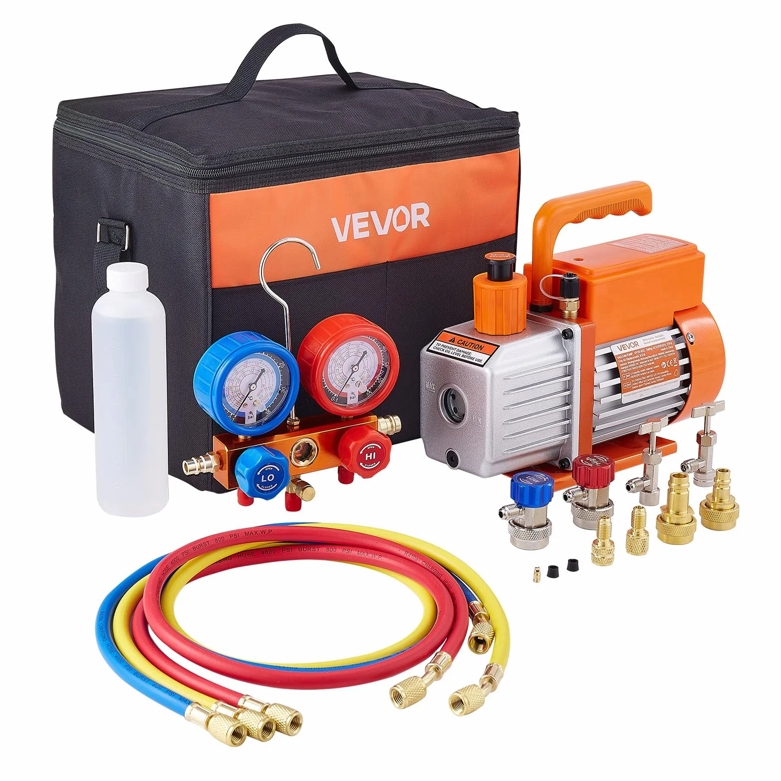 VEVOR Pompa a Vuoto Manometro 115 L/min per AC, Pompa per Vuoto a Palette Rotanti Monostadio per HVAC, Kit Manometro con Rilevatore di Perdite, Borsa per Trasporto, Kit per Aria Condizionata Auto
