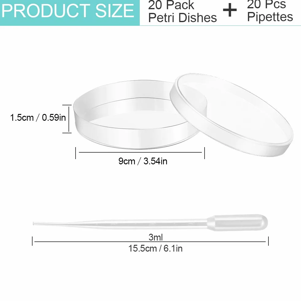 20 Pz Piastra di Petri Capsule Petri Plastica Trasparenti Piastre Coltura Batterica 90 mmx15 mm con 20 PCS Pipette di Trasferimento in Plastica 3ml per Laboratorio Esperimento Biologia