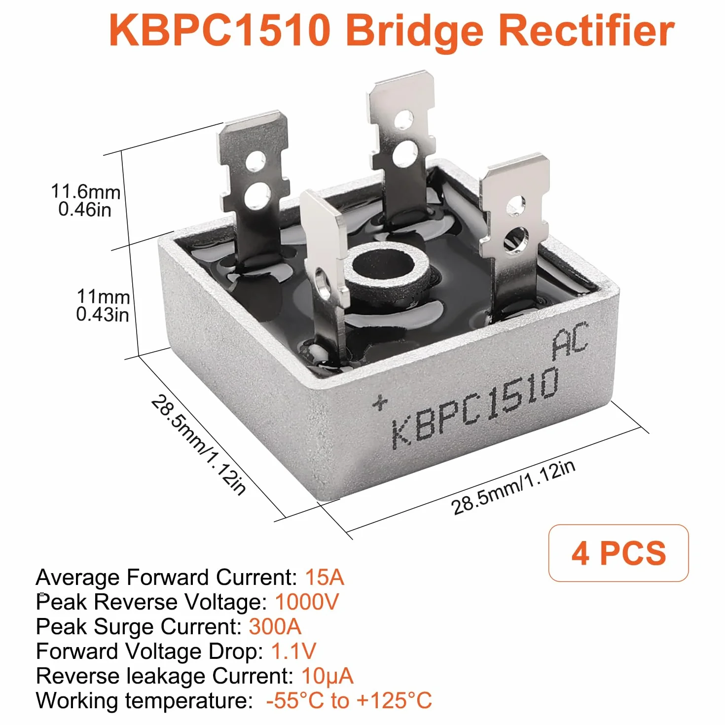 Diodi Raddrizzatori a Ponte KBPC1510 15A 1000V AC a DC Monofase, 4 Pezzi