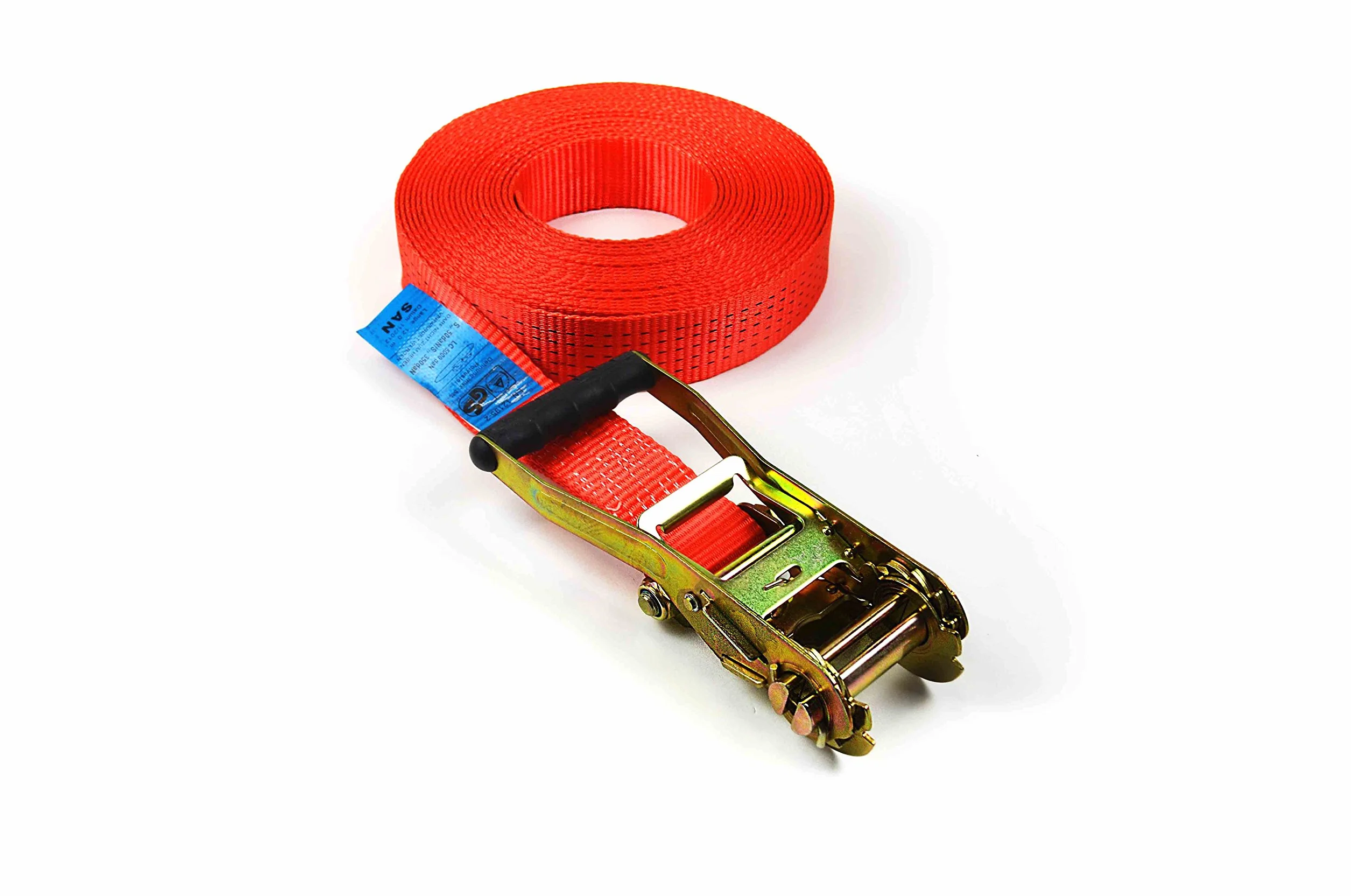 Sandax Cinghia di ancoraggio professionale da 12 m con cricchetto a leva lunga, sigillo TÜV GS, fino a 5000 kg, secondo DIN EN 12195-2, 50 mm di larghezza, rossa, adatta per furgoni e camion