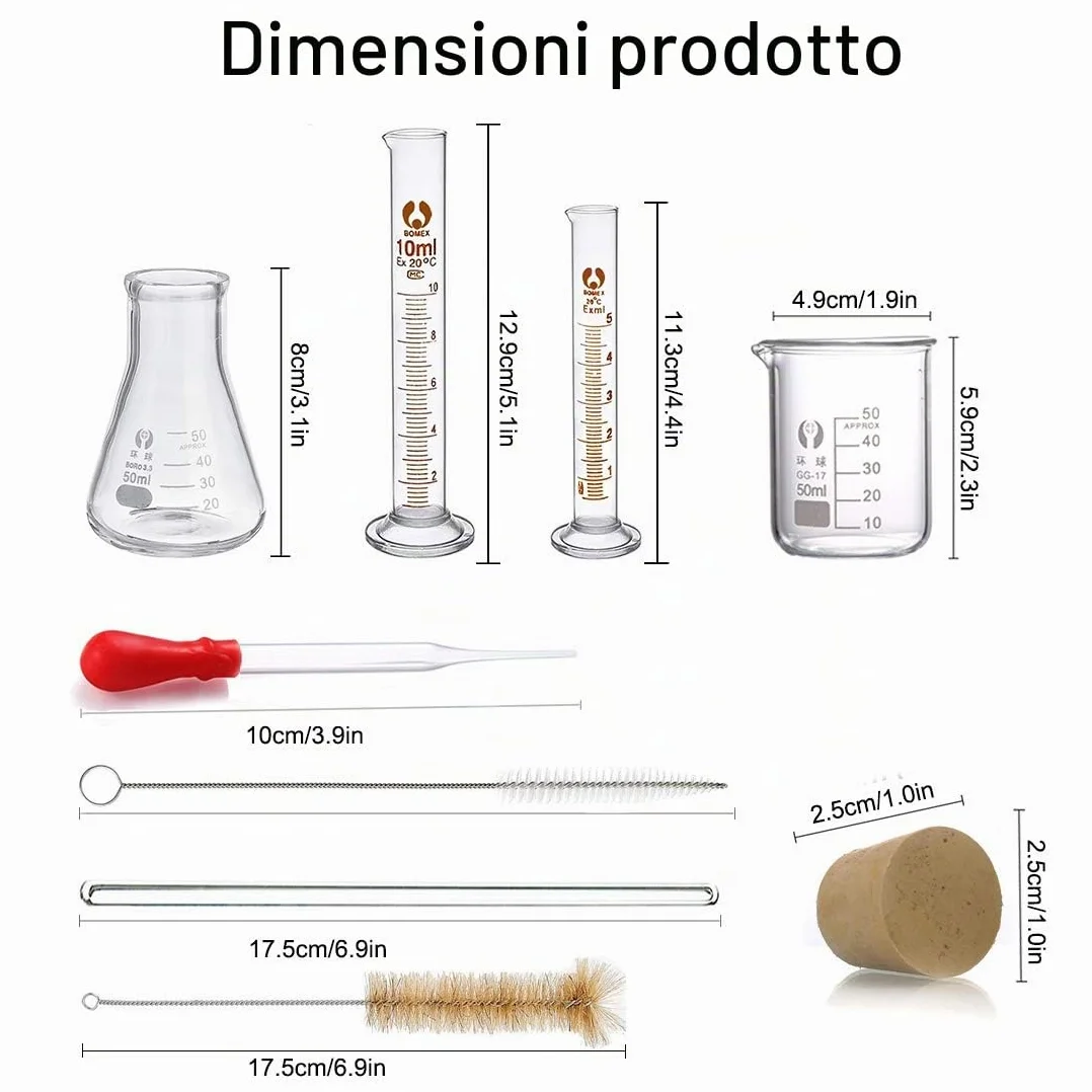 JESSTOLO 50ml Erlenmeyer Becher Cilindro Graduato Vetro Borosilicato con Contagocce Spazzolini Barra Agitazione