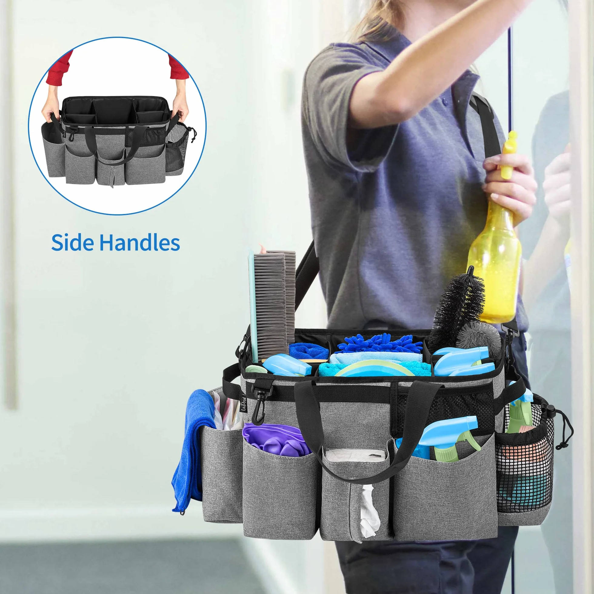 LoDridTote Borsa per la pulizia con 4 divisori pieghevoli, organizer portatile per prodotti per la pulizia con manici laterali e tracolla, Grigio, Solo Borsa