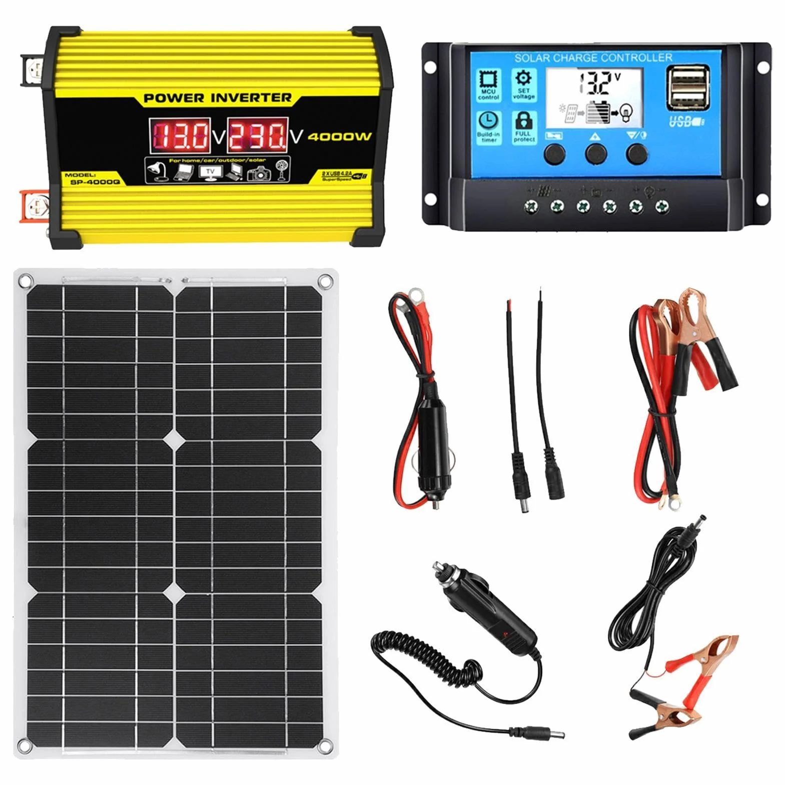 Kit Completo di energia Solare | Completo Inverter 12 Volt 18 Watt Pannello Solare e Convertitore - Convertitore di energia Solare da DC 12V a AC 110V/220V Controller 30A con 2 Porte USB