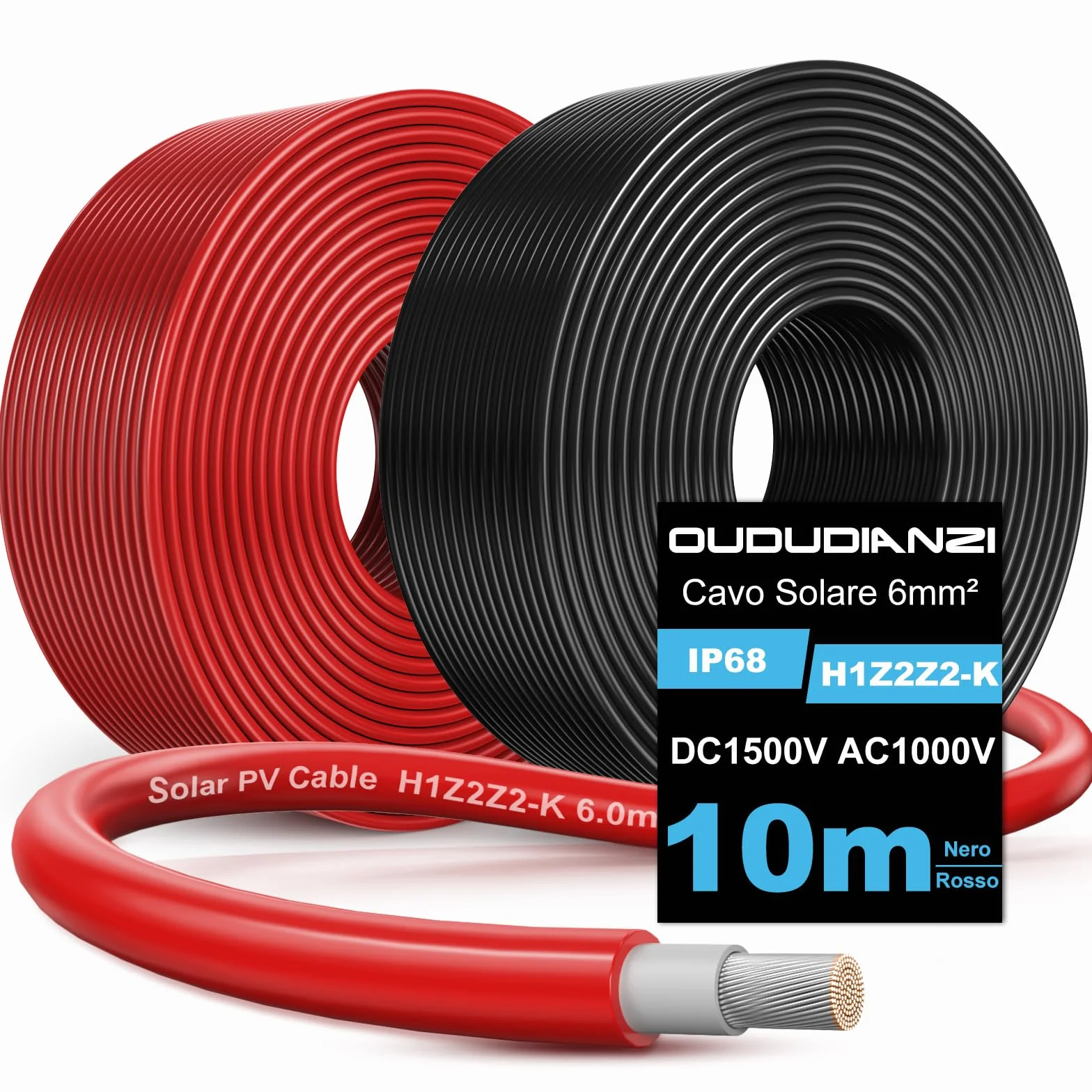 Oududianzi Cavo Solare 6mm2 10m, Prolunga Solare Pannello Cavo 10/15/20/30/40/50m, H1Z2Z2-K Cavi Fotovoltaico 6mm2 per Pannello Solare, Inverter e Regolatore di Carica (6mm² 10m)