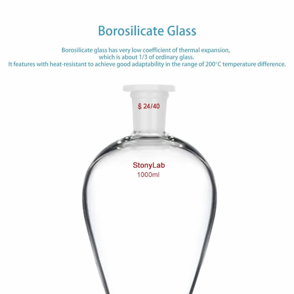 StonyLab 1000ml Imbuto Separatore Conico in Vetro, Separatory Funnel Borosilicato a Parete Pesante con 24/40 Giunti e Rubinetto in PTFE - 1L (1 Litro)