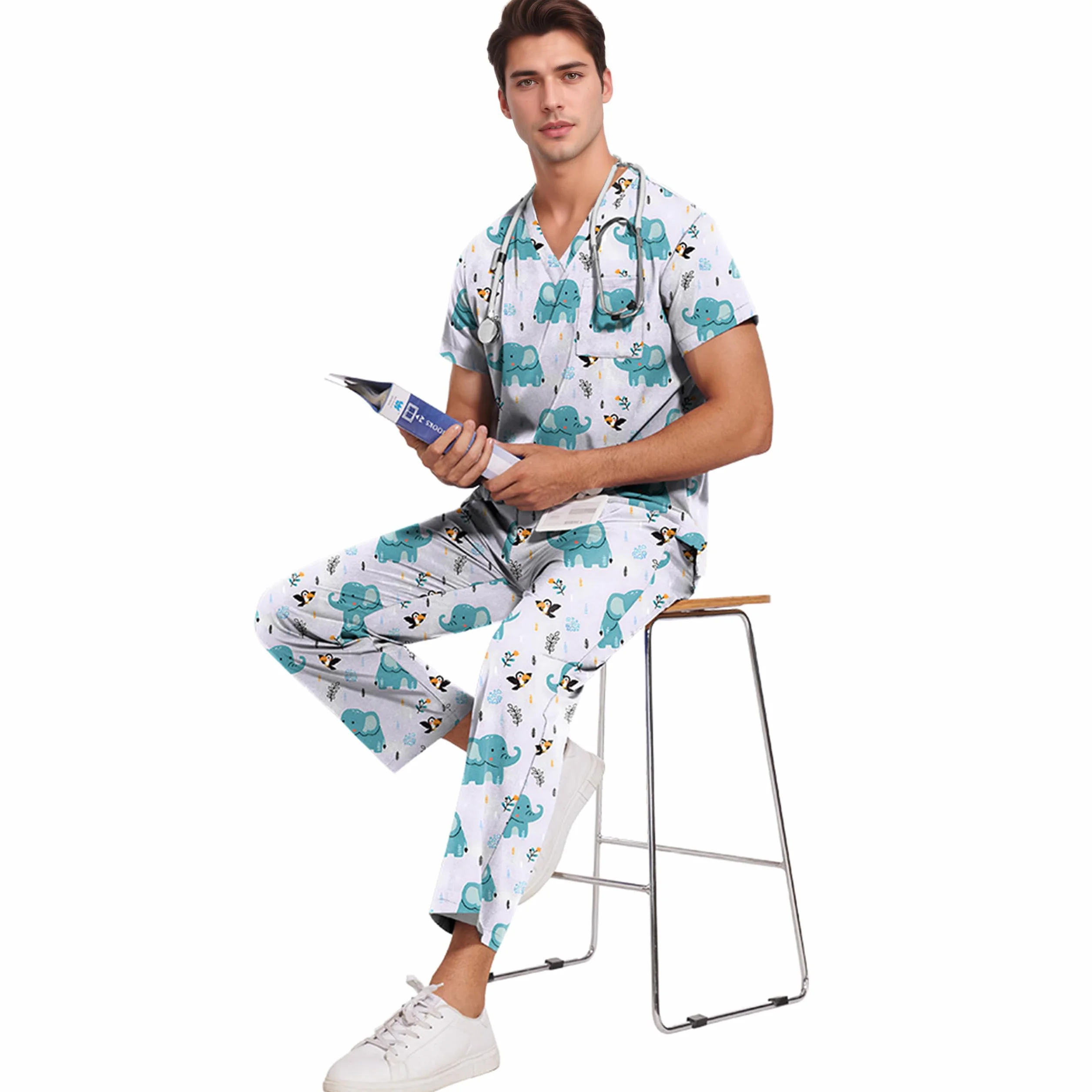 ThreeH Set da Chirurgo Ospedaliero Divisa Medica Elasticizzata con Scollo a V e Pantaloni Jogging Lavabile Tasche Multiple