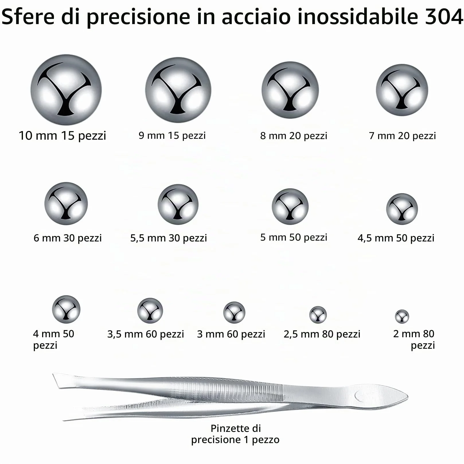 560 Pezzi Sfere Cuscinetti in Acciaio Inossidabile, Sfere Metalliche di Precisione per Cuscinetti, Ruota di Bicicletta - 2/2.5/3/3.5/4/4.5/5/5.5/6/7/8/9/10 mm