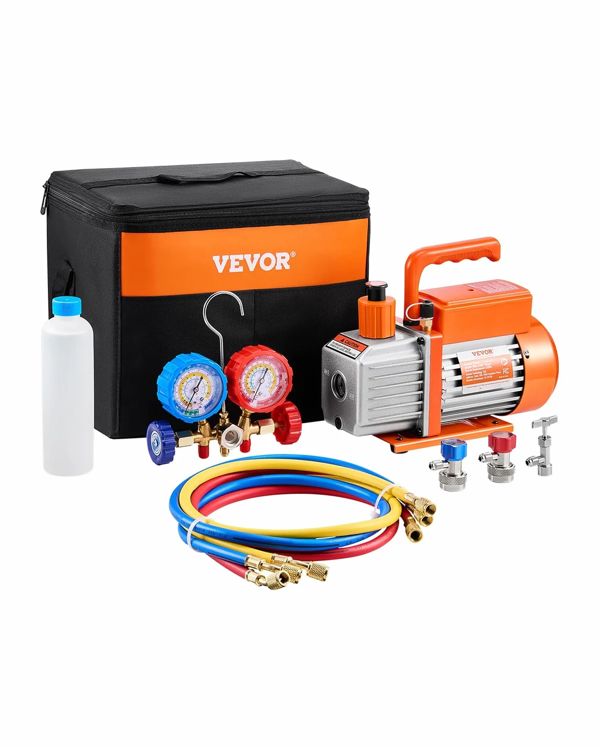 VEVOR Pompa per Vuoto e Manometro AC 1,65 L/s, ad Aria HVAC a Palette Rotanti Monostadio, Kit Manometro per Collettore Refrigerante A/C, con Tubi Flessibili, Refrigerazione per R134a, R12, R22, R502a