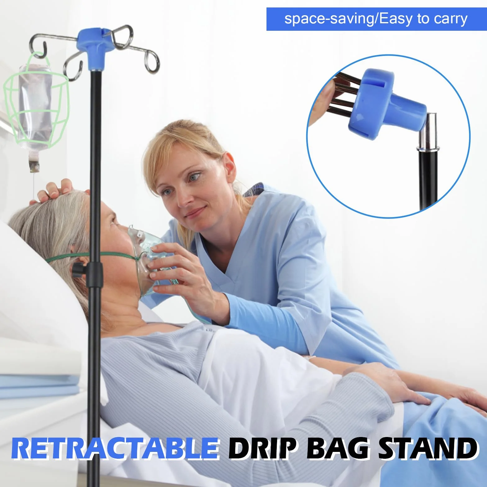 Supporto per infusione pieghevole Asta per flebo con ganci&ruote, supporto per infusione mobile, per ospedale e cura domestica,regolabile in altezza