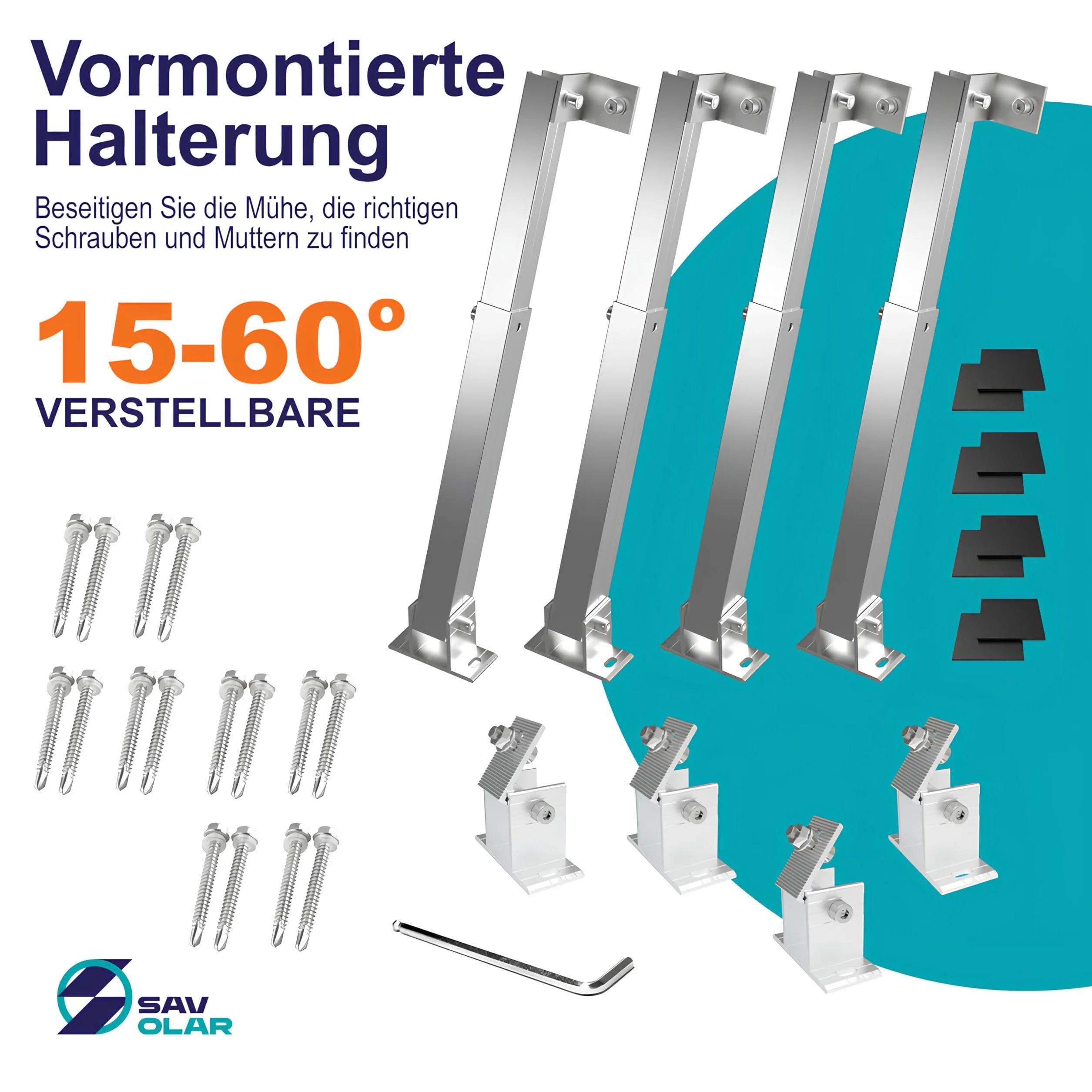 SAVOLAR Supporto per Pannello Solare Angolo Regolabile 15-60° 50-100cm per Balcone Tetto Piatto