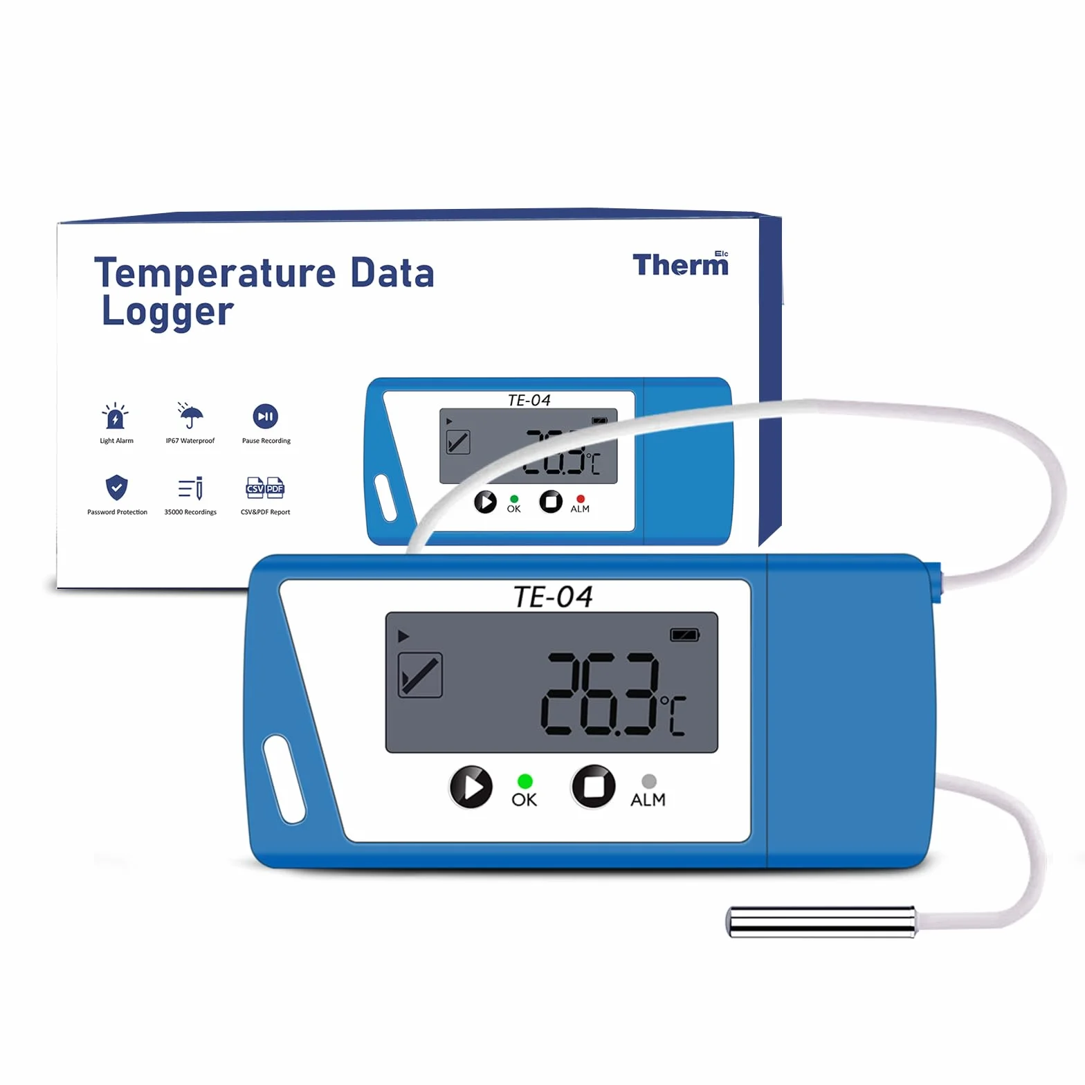 ThermElc temperatura logger con sensore esterno, rapporto PDF & EXCEL, USB data logger Big Screen, allarme LED, 35000 misurazioni, impermeabile, calibrato per laboratorio/clinica/frigorifero