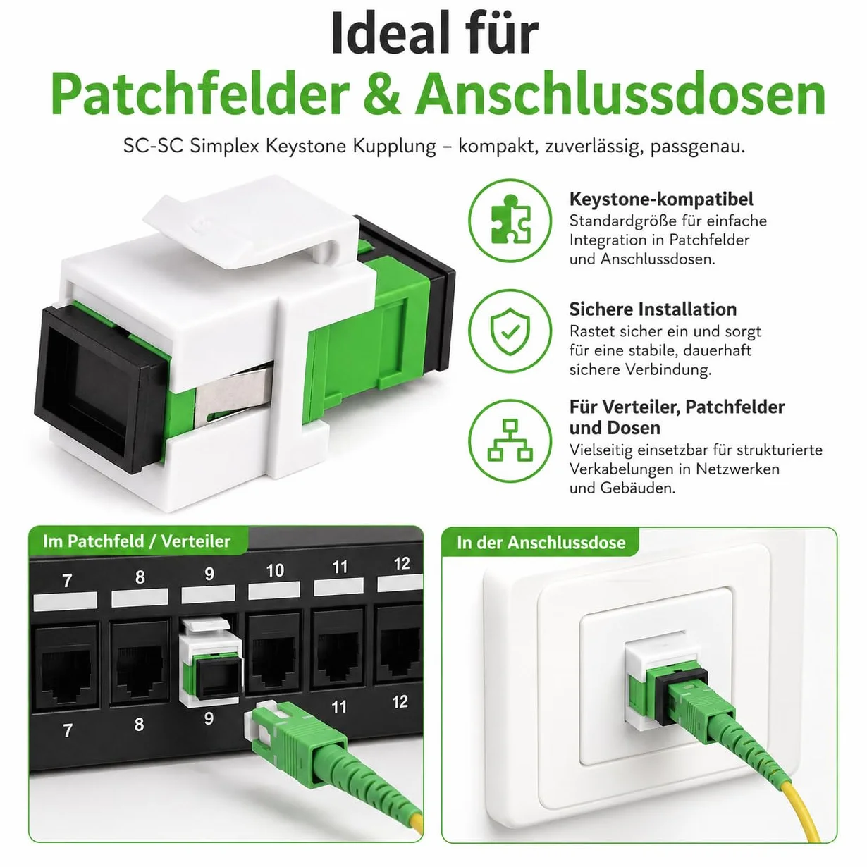 3 connettori Keystone fibra ottica OS1 OS2 APC SC-Simplex femmina monomodale verde