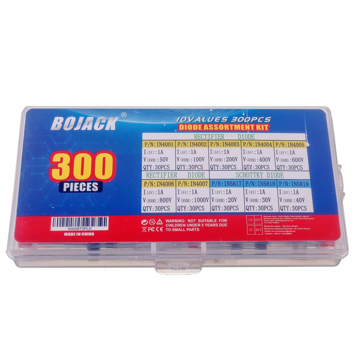 BOJACK 10 Valori 300 pezzi Diodi raddrizzatori 1N4001-1N4007 Diodi Schottky 1N5817-1N5819 Assortimento Kit