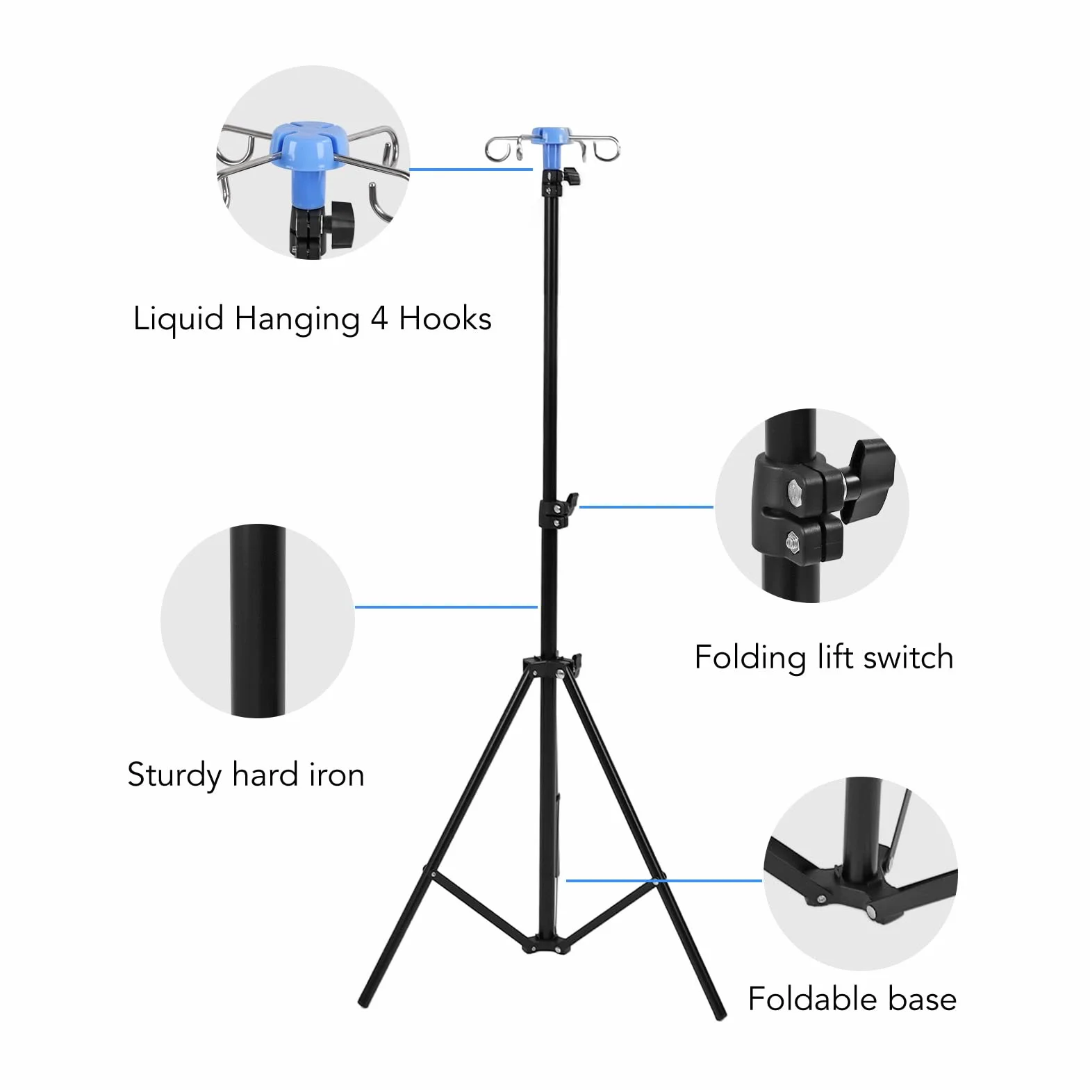 Haofy Supporto per Asta Portaflebo Portatile con Altezza Regolabile, Base per Treppiede Pieghevole, Ganci 4, Materiale Leggero e Robusto, per Borsa per Flebo o per Dialisi, Ampia