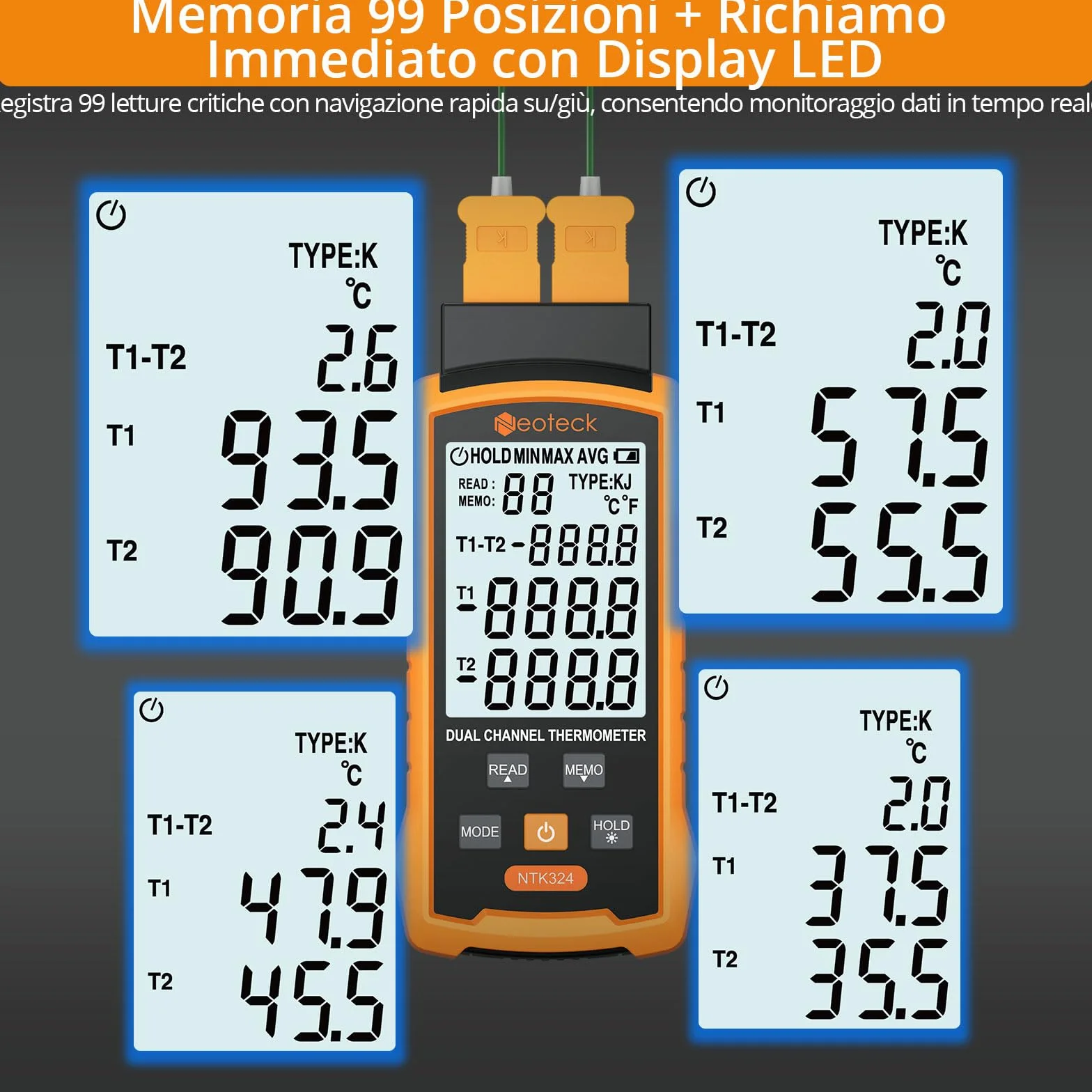 Neoteck Termometro a Doppio Termocoppia -50~1300℃ Digitale 2 Canali Tipo K/J con 4 Sonde, Memoria 99 Dati, Display LCD Retroilluminato per HVAC