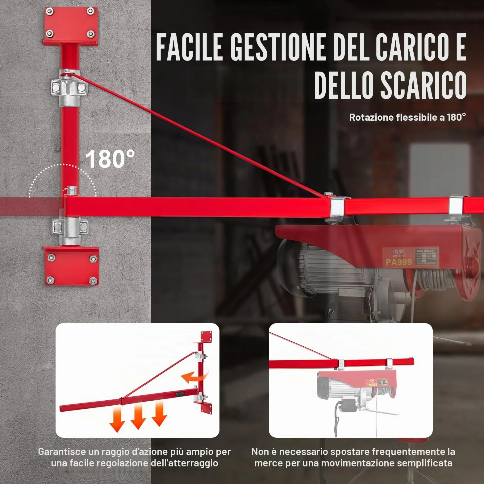 VEVOR Braccio Supporto per Paranco Elettrico, Capacità Carico 600 kg, Braccio di Supporto per Paranco Girevole con Asta, Telaio di Sollevamento in Acciaio a 180° per Officina, Garage
