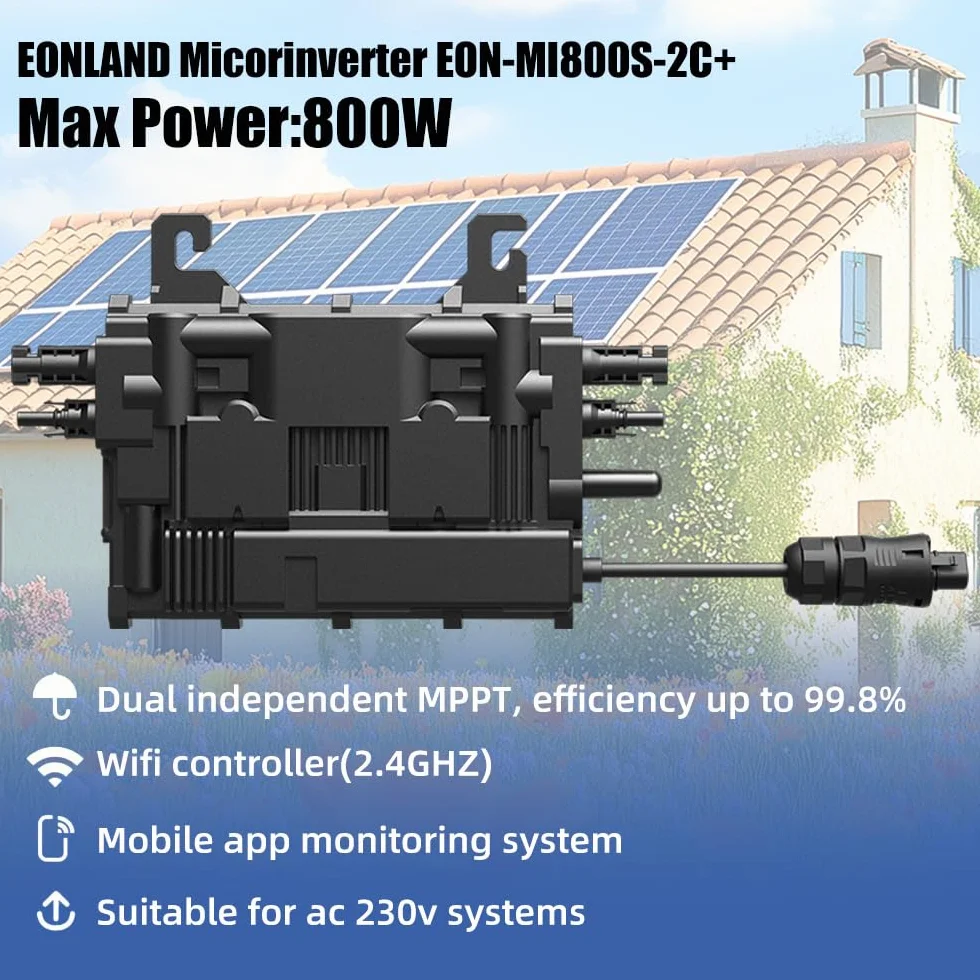 EON-MI800S - Micro inverter 800 W, doppio MPPT, 16-60 V DC, controllo app WiFi e Bluetooth, plug & play, IP67, certificato VDE, leggero, ideale per centrali elettriche da balcone