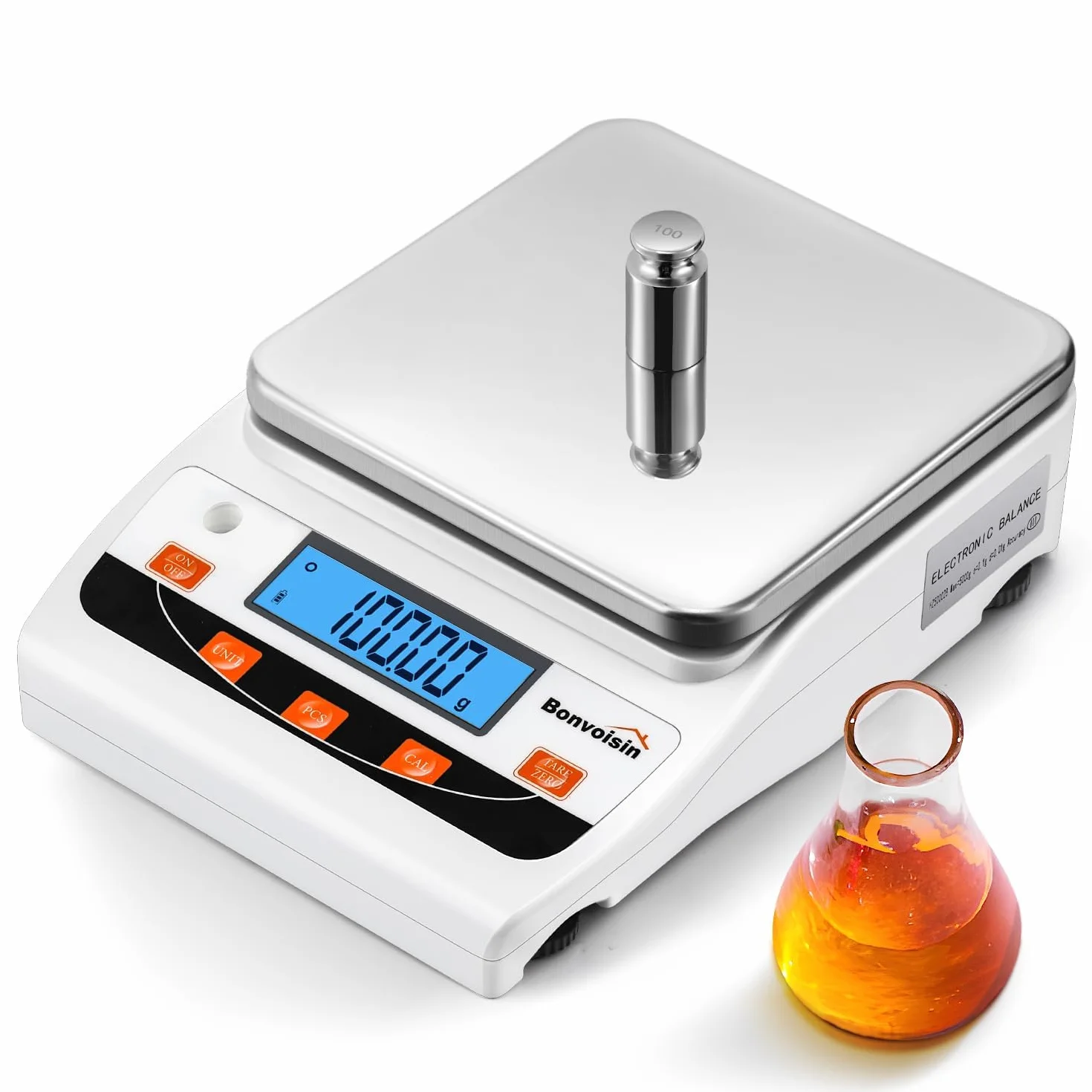 Bonvoisin Bilancia da Laboratorio 5000g x 0.01g, Bilancia Analitica Alta Precisione con 13 Unità, Trasferimento Dati USB, Conteggio & Taratura, Piatto Inox Ampio, Doppia Alimentazione