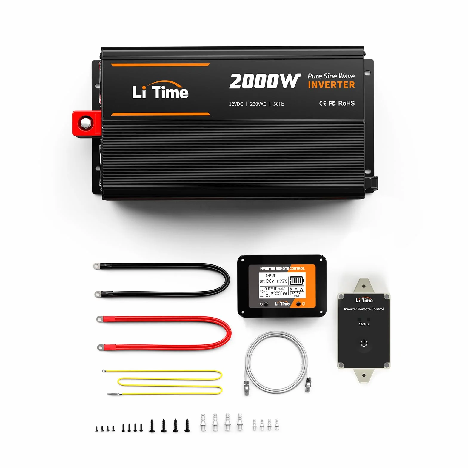 LiTime 2000W Inverter a Onda Sinusoidale Pura, Inverter con Prese di Corrente 2*AC, Schermo di Monitoraggio per lo Stato in Tempo Reale, Convertitore da 12VDC a 230VAC, per Caravanning