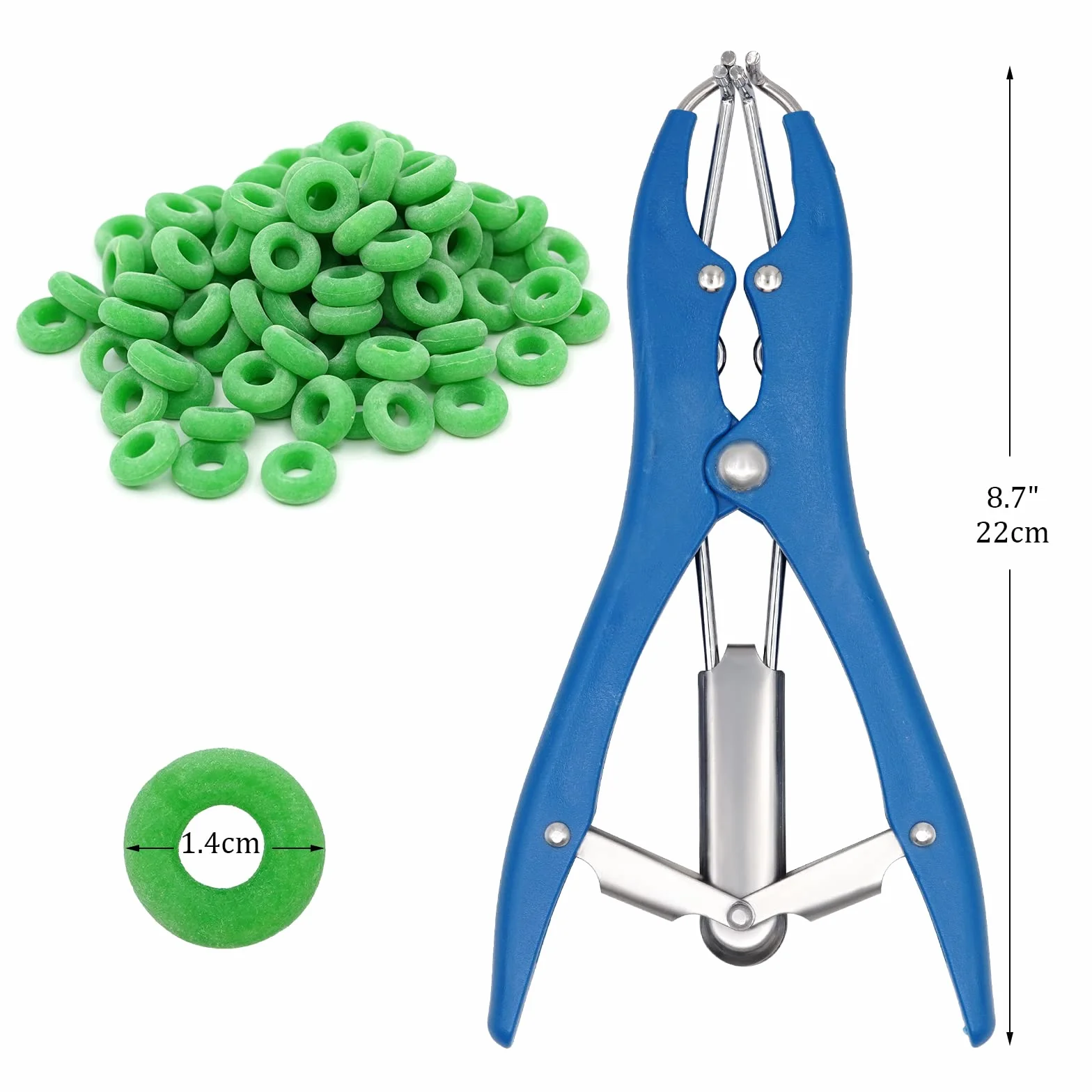 Pinza per Castrazione di Maiale Blu Offset per Pecora Bovini Pecore per Suini Attrezzatura per l'allevamento (1 Pinza e 100 Anelli)