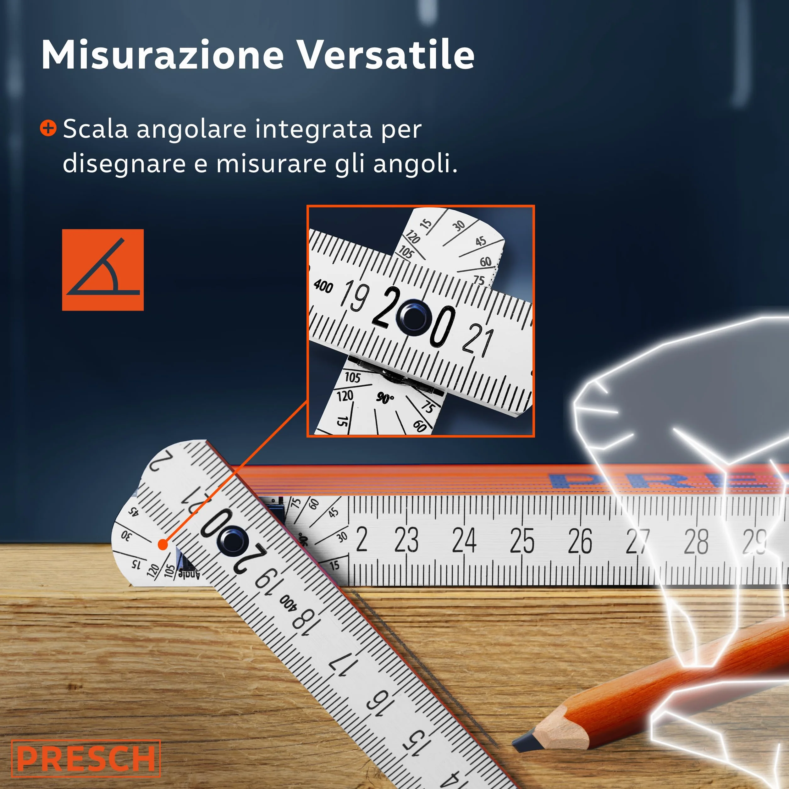 Presch Metro Pieghevole da 3 Metri con Scala degli Angoli - Legno Arancione - Numeri Grandi - Metro Righello con Motivo Strumenti
