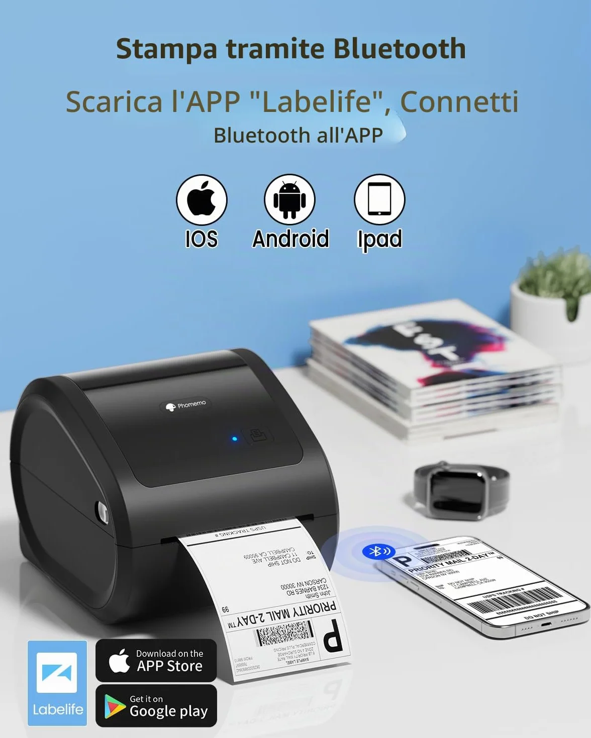Phomemo Stampante per etichette Bluetooth, stampante termica DHL 4X6 per Mac/PC, stampante Bluetooth per codici a barre, Amazon, Etsy, Shopify, Royal Mail, DHL, FedEx, UPS