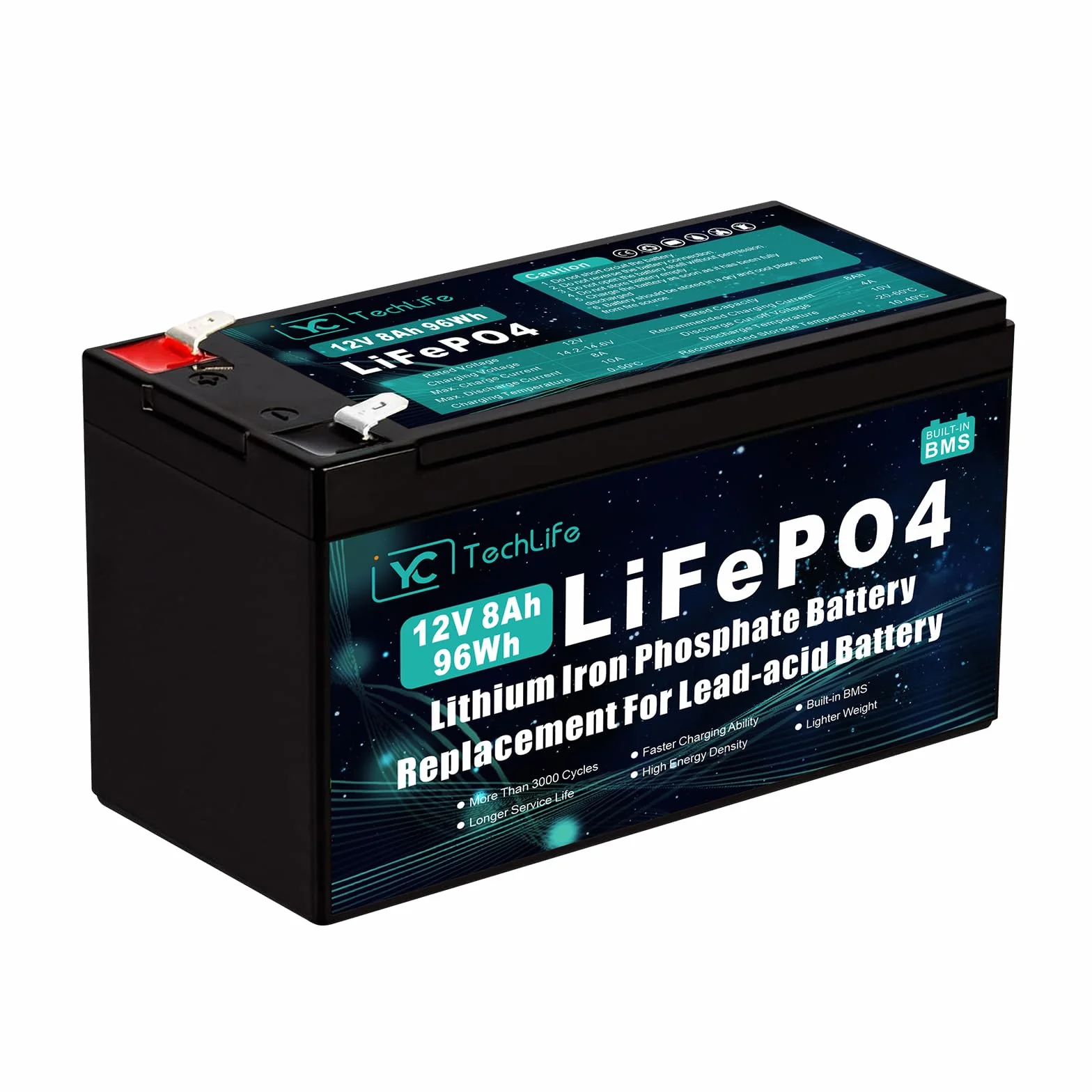 Batteria Lifepo4 12V 8Ah, Batteria Litio Ricaricabile Ciclo Profondo fino a oltre 3000 Cicli, BMS 10A integrato, utilizzata per energia solare/eolica, illuminazione altro ancora