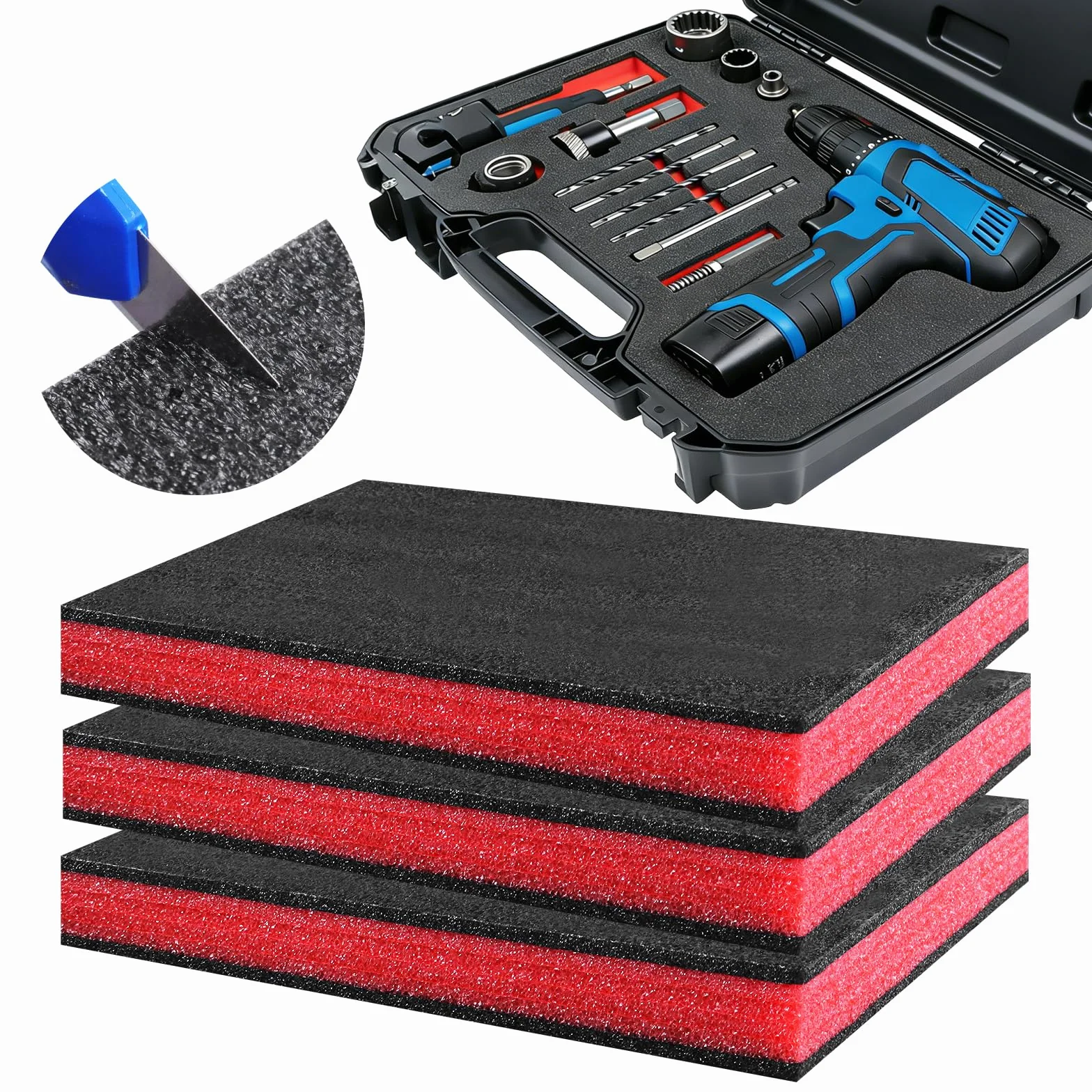 Foglio di Schiuma 3 Pezzi 40×30×4 cm Inserti per Cassetta degli Attrezzi Schiuma Polyetilene Tagliabile