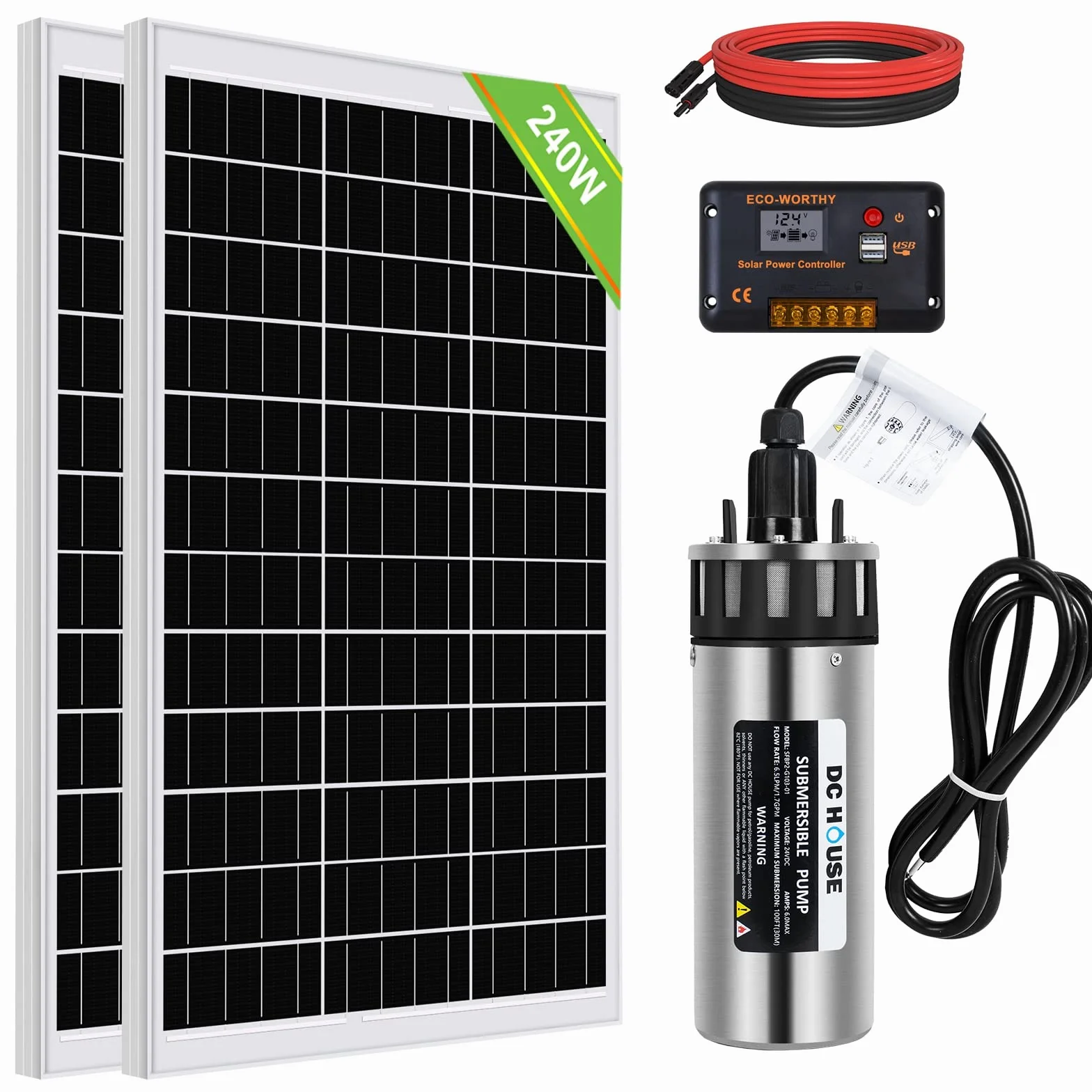 DCHOUSE 140W Grande flusso da 24V,Sommergibile da 1,6 GPM,Kit di pompa solare,2 pannelli solari da 120W +Pompa sommergibile per fontana +Controller da 20A + cavo da 15 piedi per