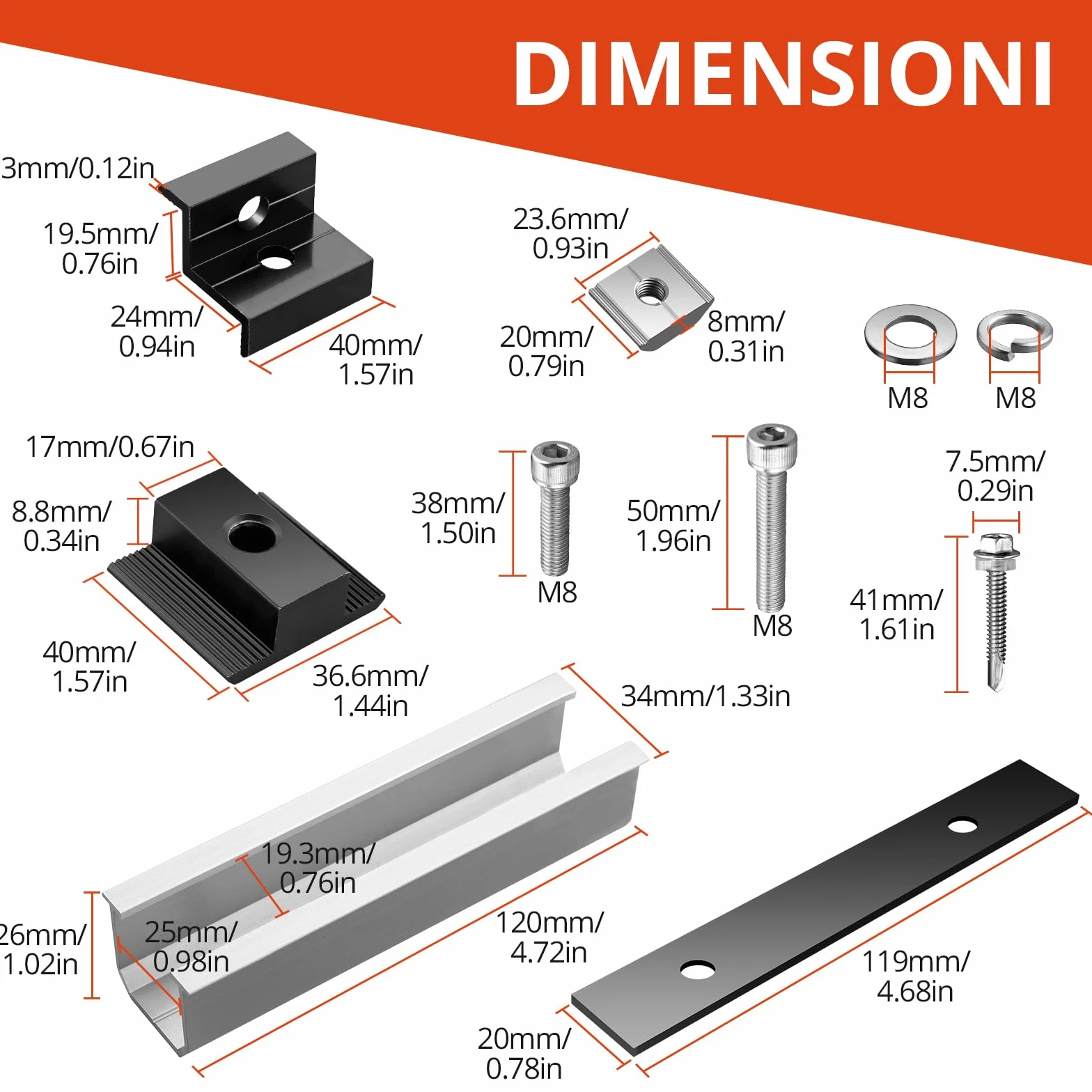 GETLITOOL Set Guide Morsetti Regolabili per Pannello Solare 30-35 mm, 6 Binari 120x25mm, 4 Morsetti Terminali, 2 Staffe Centrali