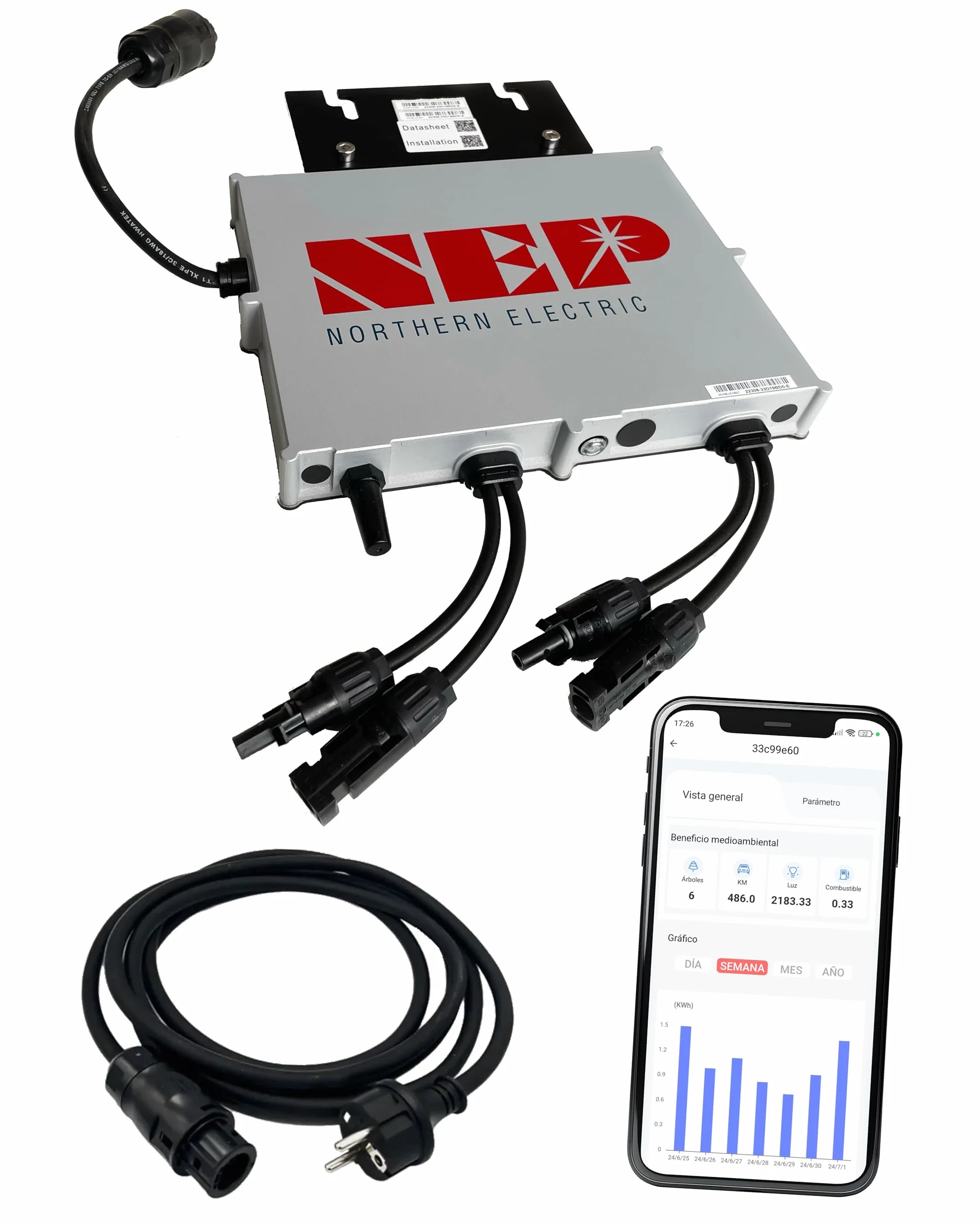 Microinverter NEP BDM800VA - Plug and play - Efficienza MPPT > 99,5% - Cavo di alimentazione da 5 m - App per monitorare la generazione in tempo reale