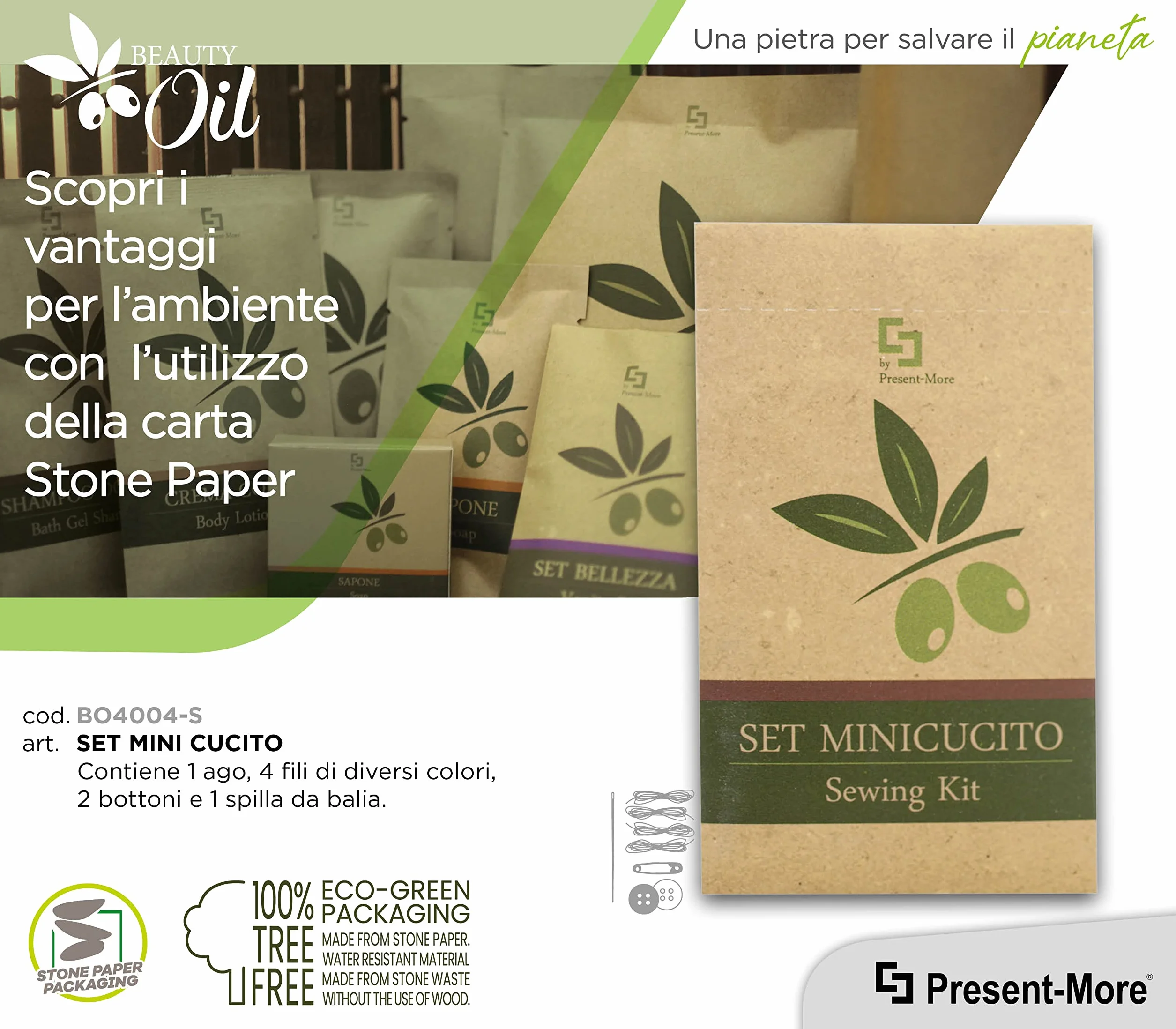 Kit Cucito 50 Pezzi Linea Beauty Oil - Ago Fili Bottoni Spilla da Balia - Packaging Ecologico Stone Paper