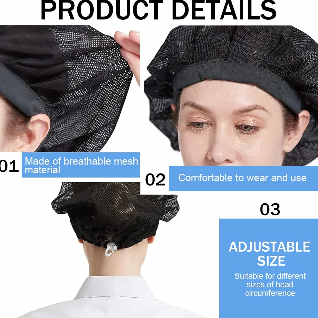 Cappello da Cuoco 4 PCS Cuffia Cucina Regolabile Retina per Capelli Riutilizzabile Berretto Ristorante Bianco e Nero