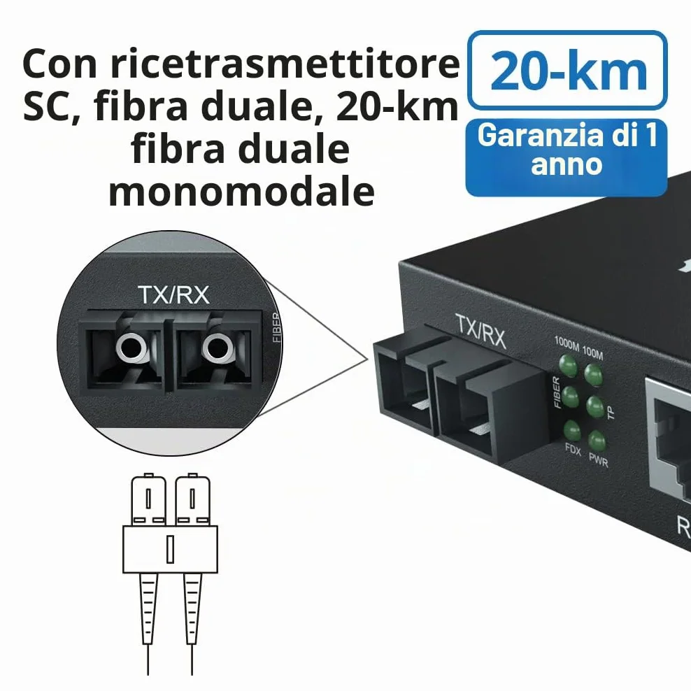 10Gtek Gigabit Ethernet Media Converter SC Monomodale 10/100/1000M RJ45 1000Base-LX 1310nm 20km