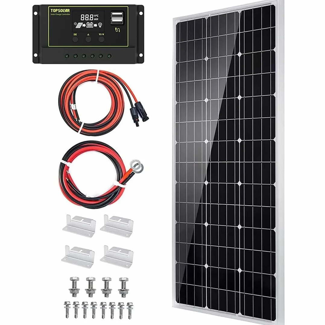 Topsolar Kit pannello solare 100 Watt 12 Volt monocristallino Off Grid System per case camper barca + 30A 12V/24V LCD PWM regolatore di carica solare + cavi solari da 4,9 m con connettore + staffe a Z