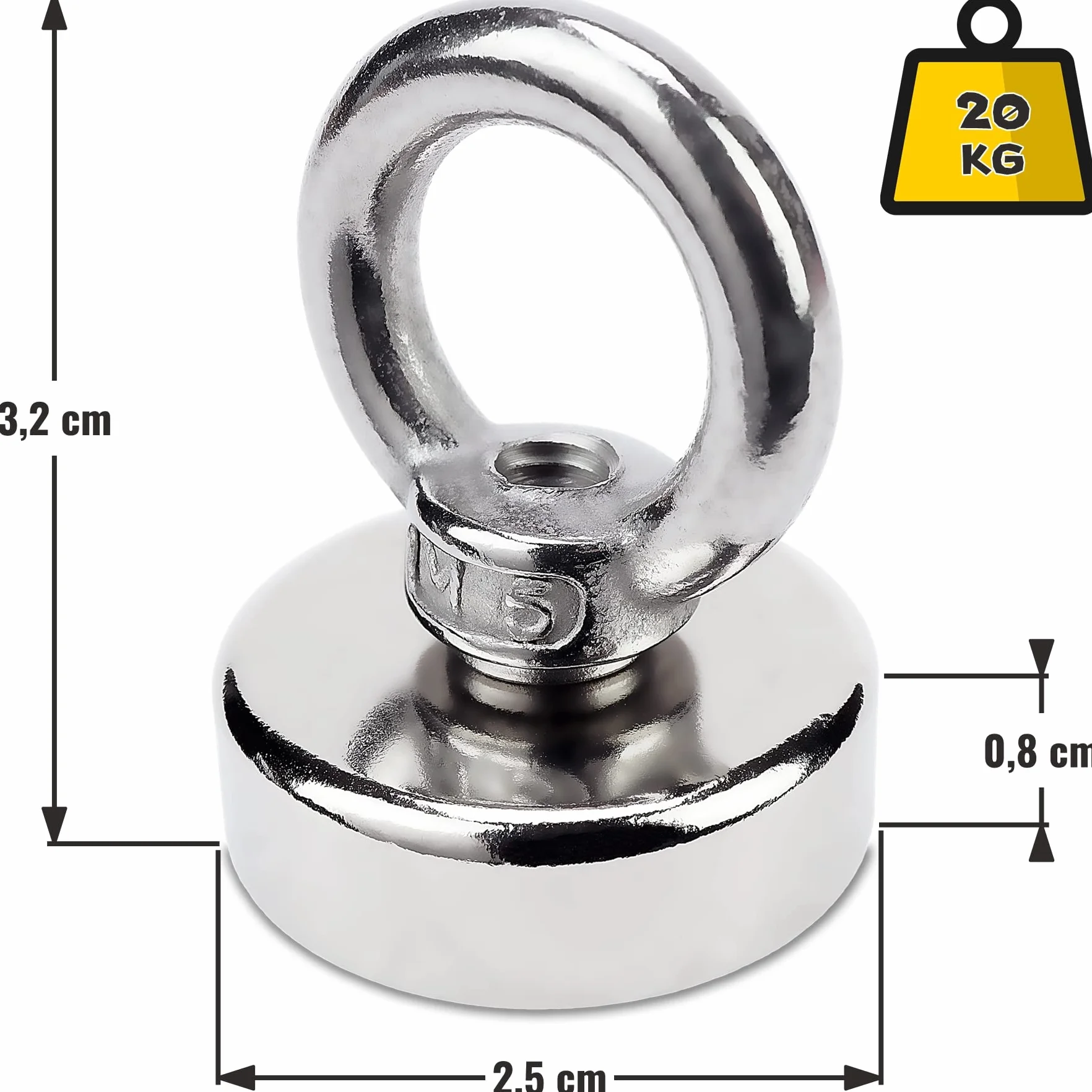 SENSEI 3 magneti estremamente forti – 20 kg di portata, magneti al neodimio con occhiello in acciaio – Ø 25 mm, gancio magnetico con manico per viti e tenuta sicura