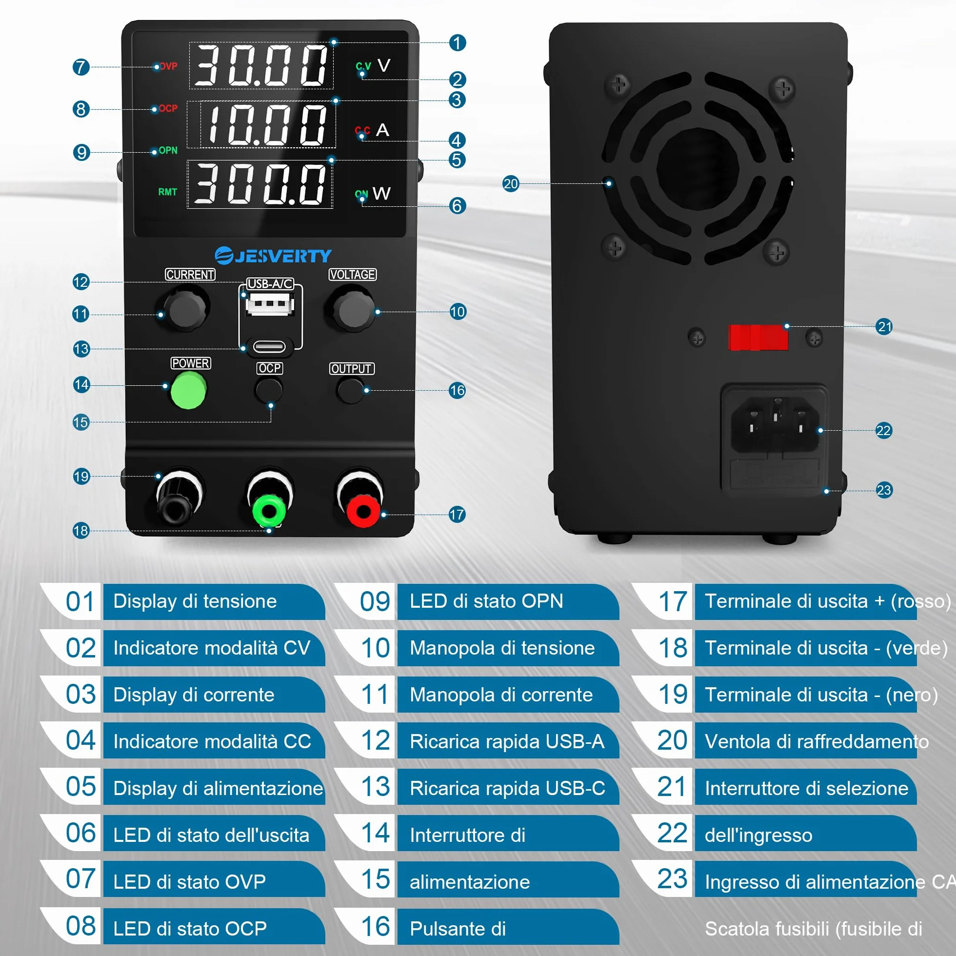 Alimentatore da banco regolabile 0-30V 0-10A SPS-3010M con ricarica rapida USB Type-C 20W