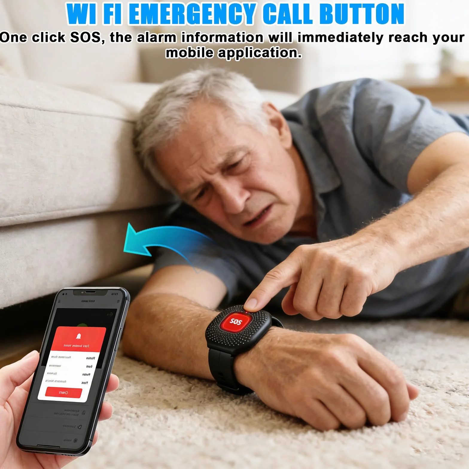 Pulsante di emergenza per anziani chiamata di emergenza, Tuya-WiFi, intelligente chiamata di emergenza con cinturino di emergenza, sistema di allarme per anziani, pulsante di allarme per pazienti