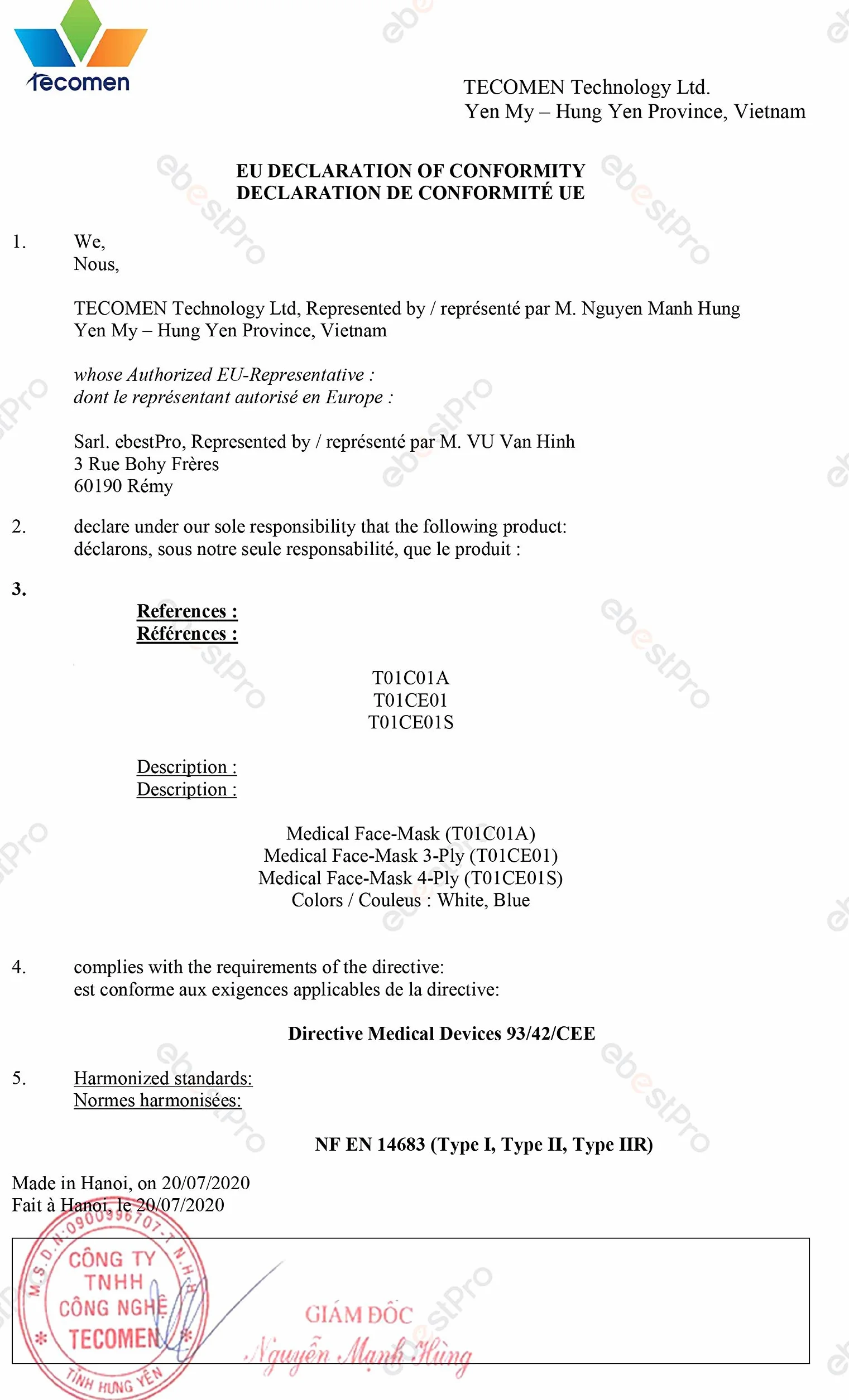 Mascherine Chirurgiche TIPO I MEDICO 3 STRATI BFE ≥95% CE EN 14683 2019 pacco 50