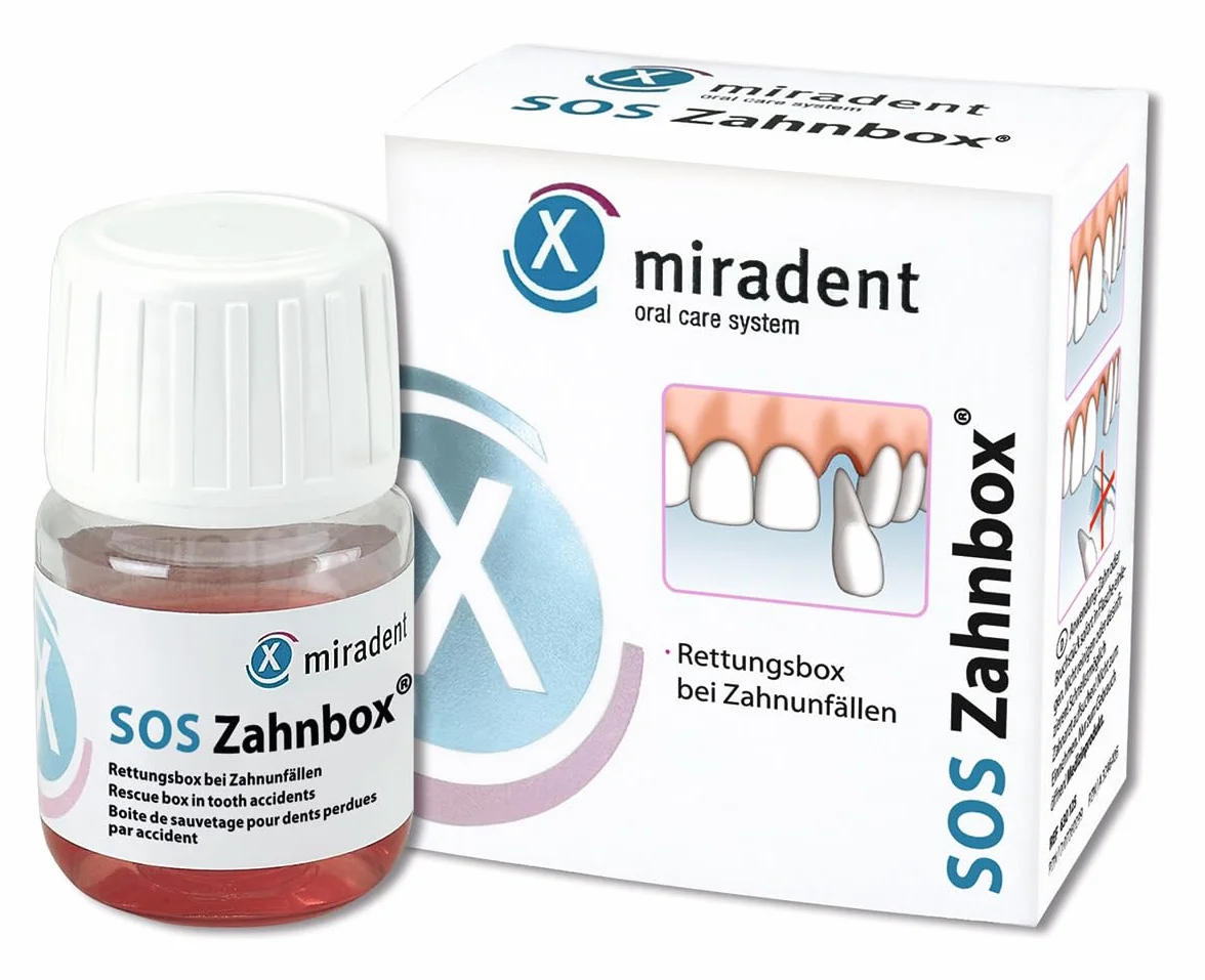 Miradent Scatola di salvataggio dentale per denti avulsi e traumi agli incisivi | Soluzione nutritiva per mantenere vive le cellule per il reimpianto e l’integrazione del dente perso