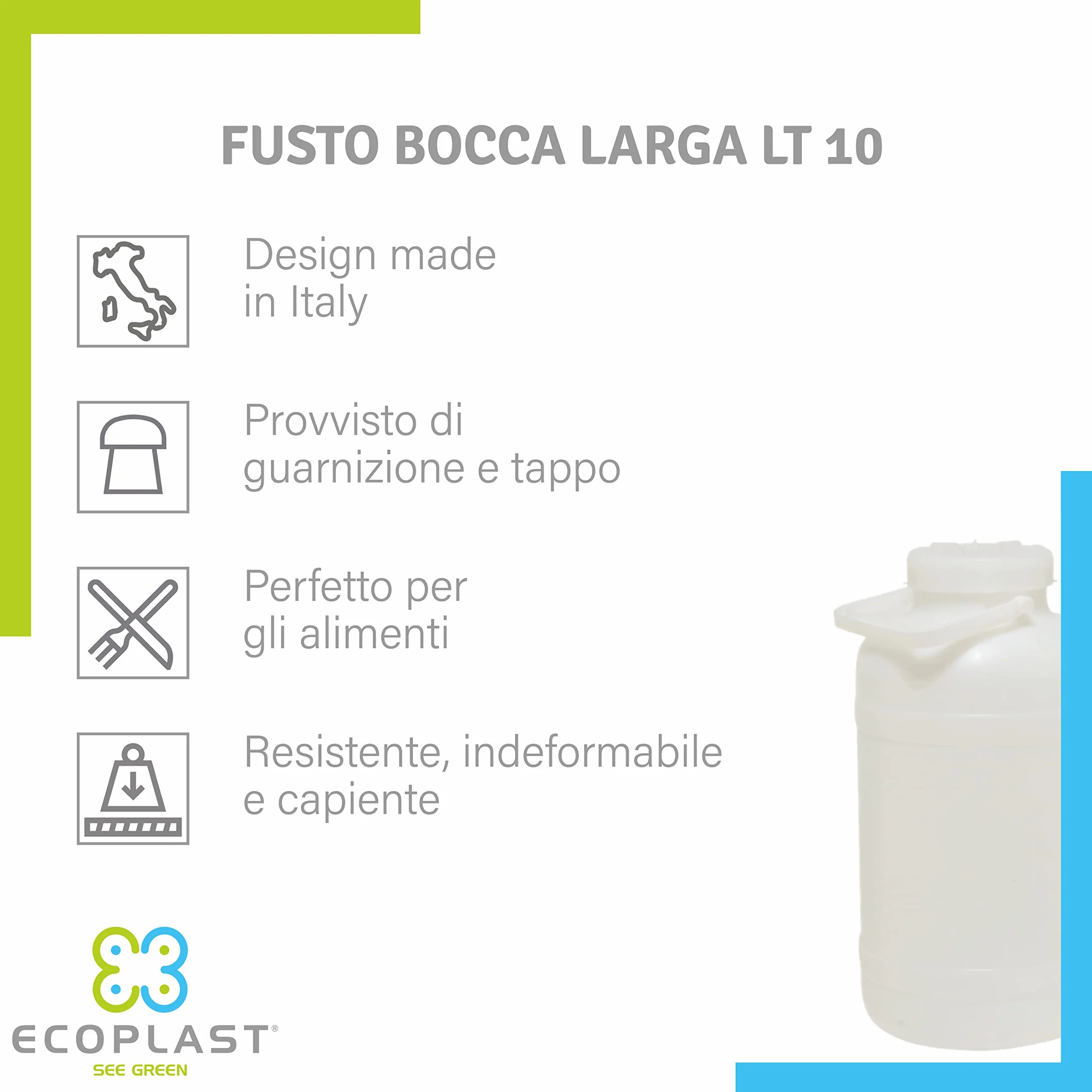 Ecoplast Fusto in Plastica a Bocca Larga con Guarnizione e Tappo, Capienza 10 Lt, Neutro