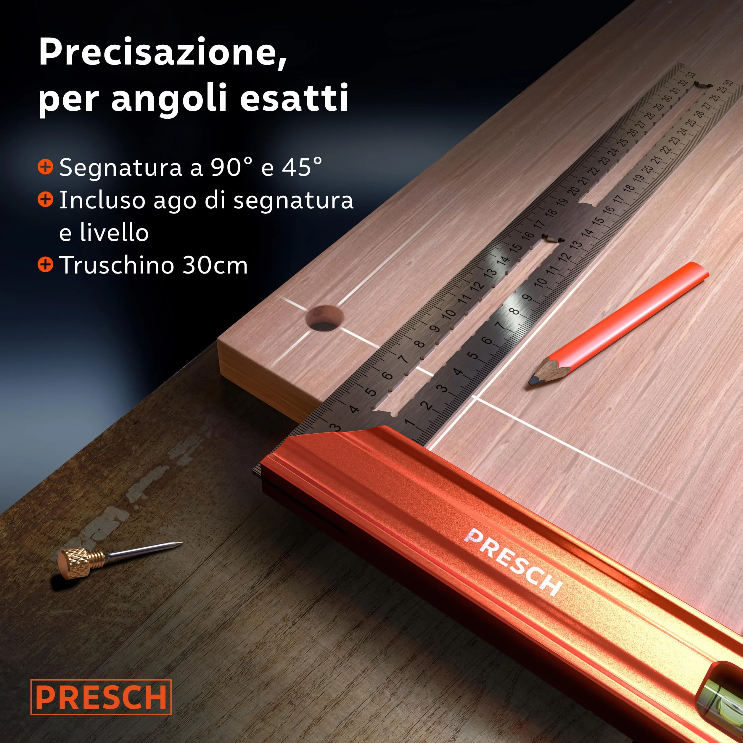 Presch Squadra da 300 mm 90° 45° con bolla di livello e indicatore di marcatura antiruggine