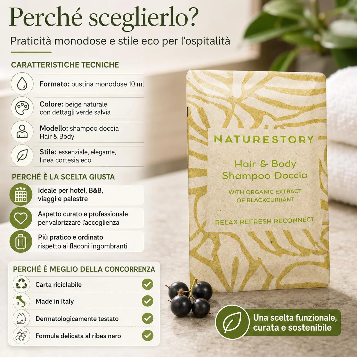 Bustine Shampoo Doccia Hotel 10 ml Monodose – Linea Cortesia B&B Made in Italy, Delicato con Ribes Nero, Eco Carta Riciclabile