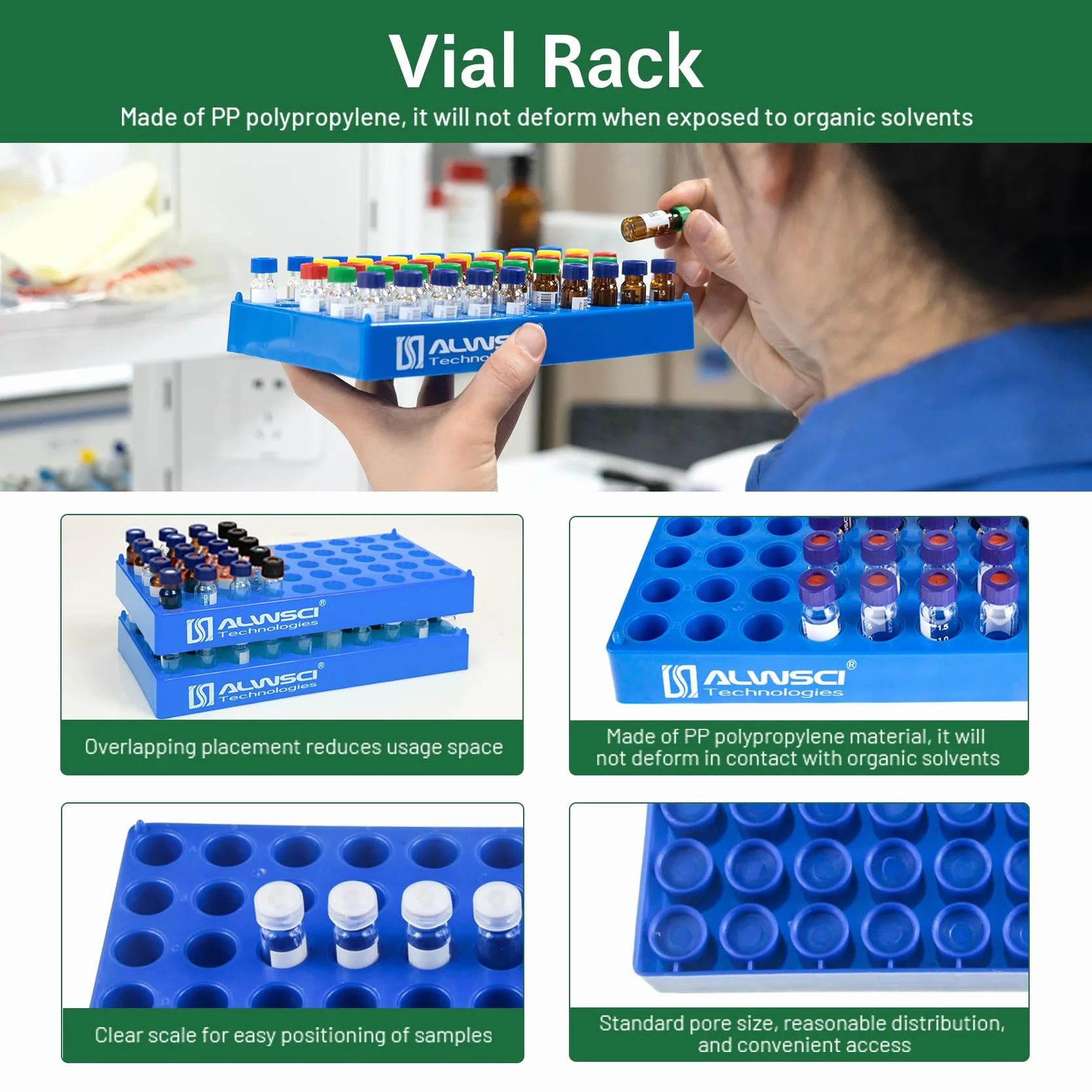 ALWSCI 2mL Contenitori Portafiale, Vassoio per Fiale Autocampionate con 50 Scomparti, Impilabile, per Fiale da 1,5 mL-2 mL, per Provette da Centrifuga