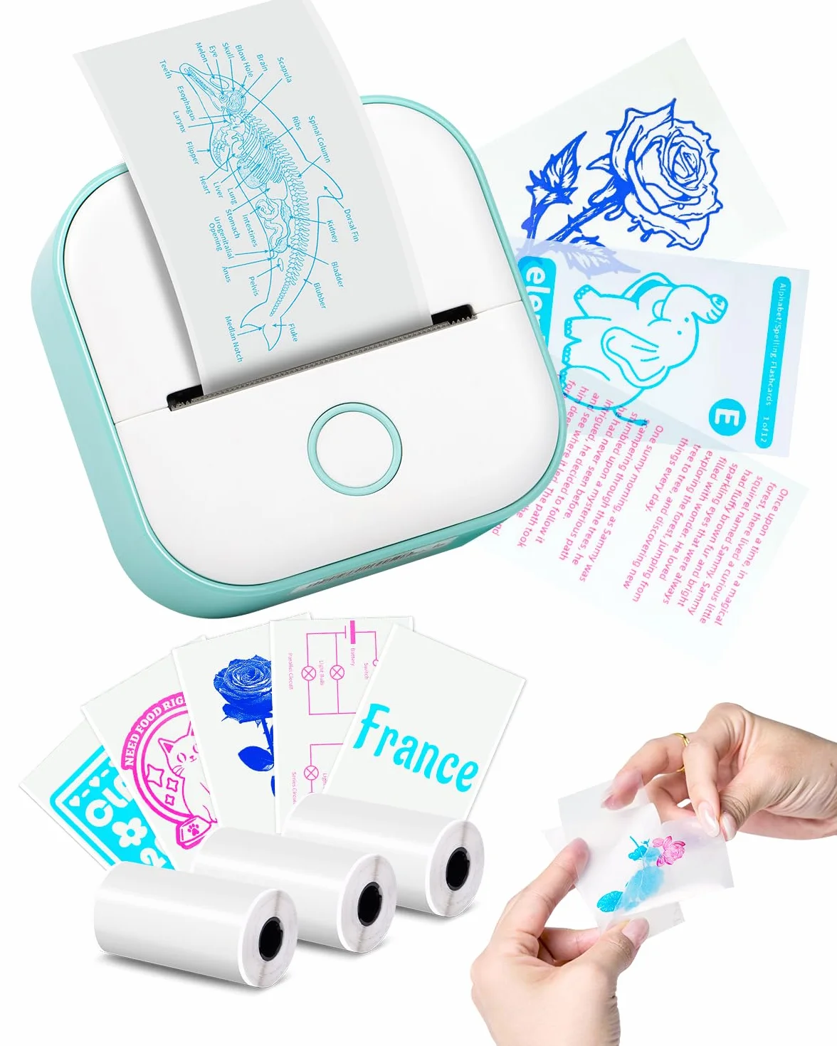 Memoking Mini Stampante Termica - T02 Stampante Termica Portatile Bluetooth Print Pods Portable Mini Printer per Grafici di Studio, l'apprendimento, Appunti di Studio, Diagrammi Anatomici, Foto,Regalo