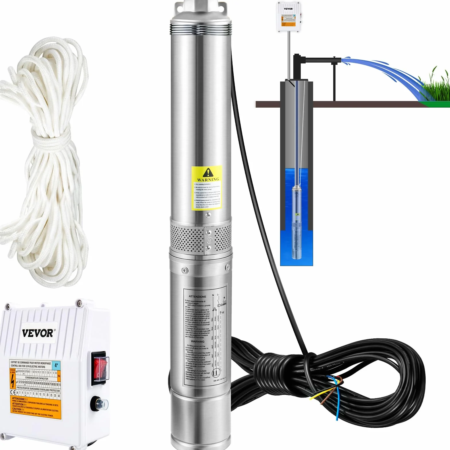 VEVOR Pompa Sommergibile d'Acqua 1100W Flusso max. 190 L/min per Piscina Giardino Orto in Acciaio Inox, Pompa Sommersa per Pozzi Profondi Prevalenza max. 57 m con Scatola Controllo Esterna Cavo 20 m