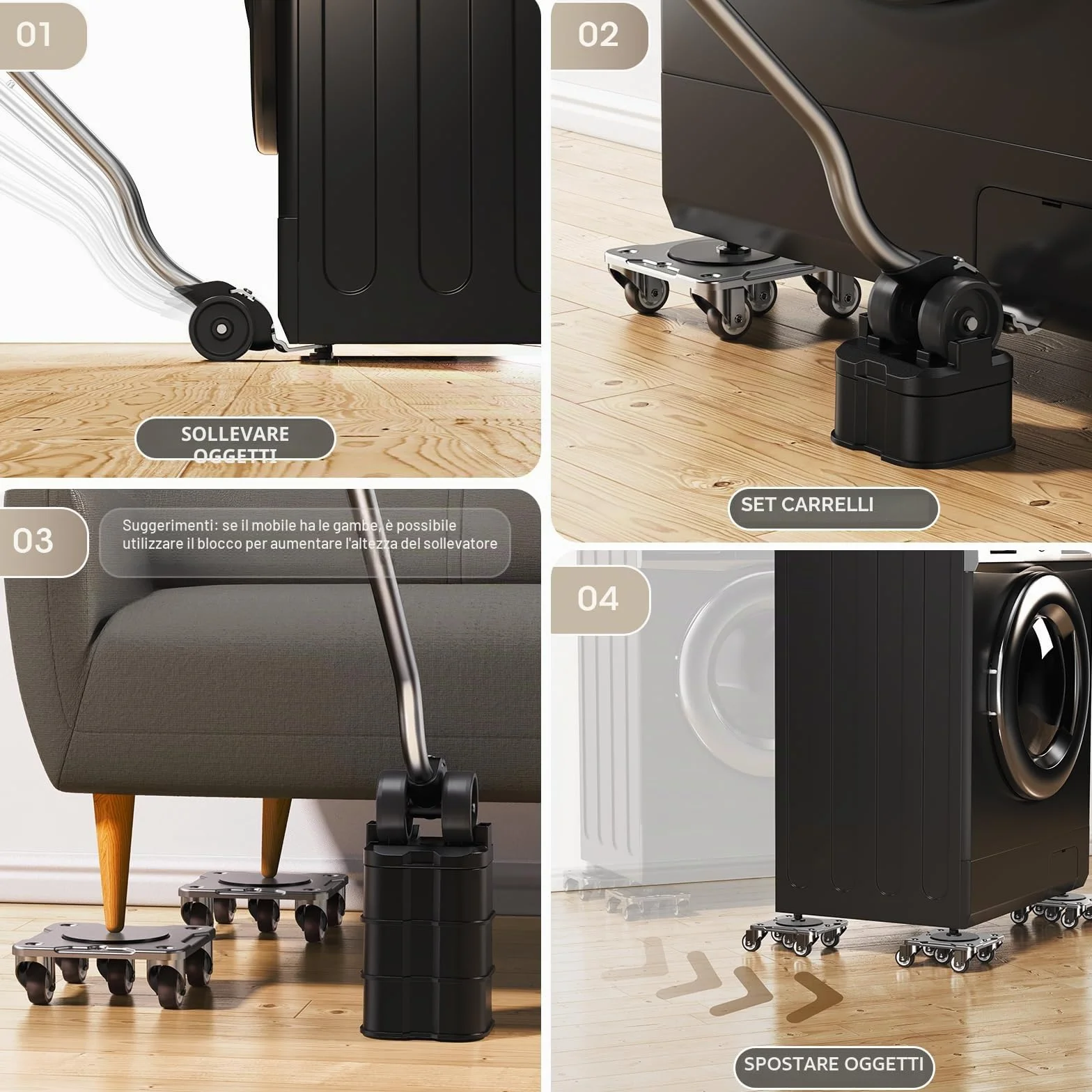 Kit Spostamento Mobili con Funzione Parking – Carrello per Mobili Pesanti con Ruote a 360°, Pannello in Acciaio al Carbonio, Portata 500 kg, Collocazione Sicura e Stabile nel Tempo