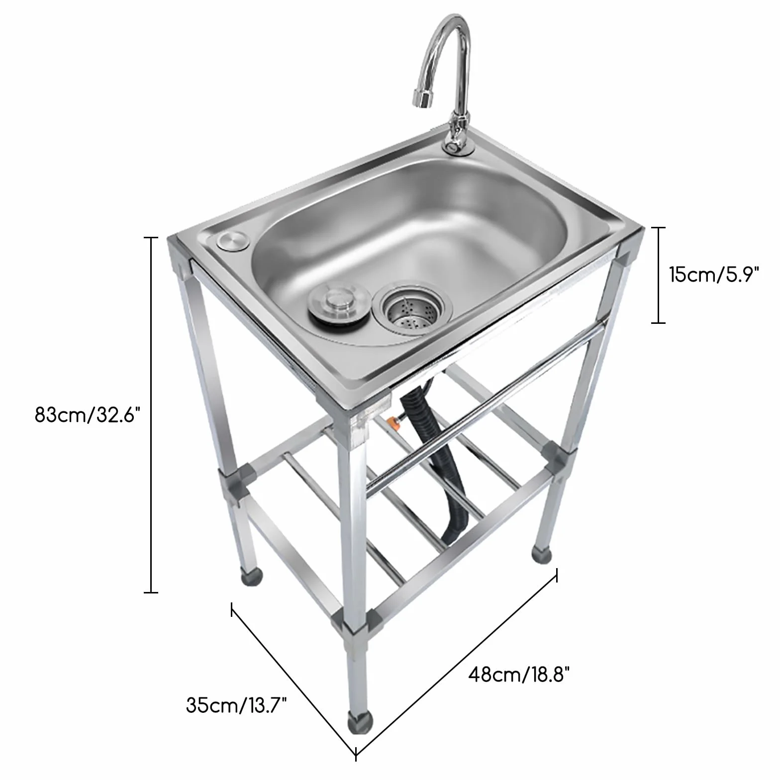 Lavello da Cucina Indipendente Con Gambe Lavello in Acciaio Inox Professionale Con Rubinetto Dell'acqua Calda E Fredda Facili Da Montare Per Ristorante Bar Lavanderia Garage Esterni ( Size : 35x48x83c