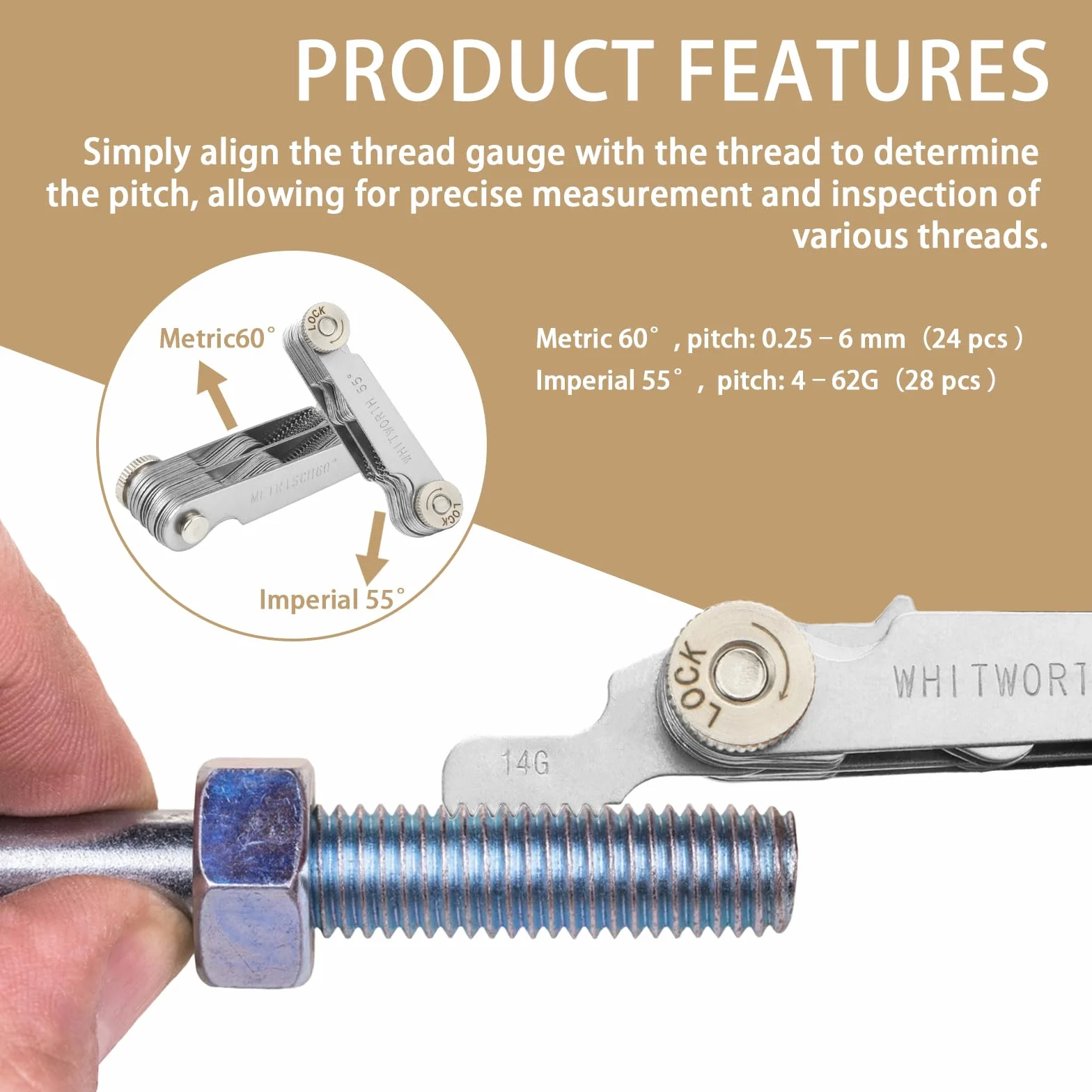 Misuratore di Filettatura 52 Pezzi Calibro a Tappo Filettato Acciaio Inossidabile Metriche 60° Whitworth 55°