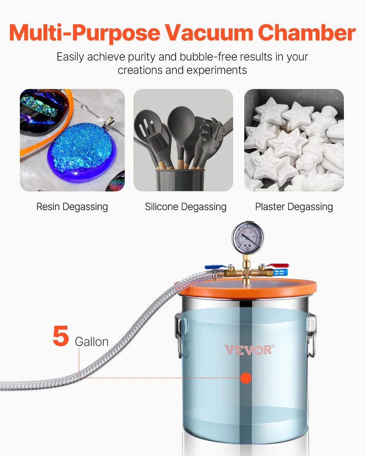 VEVOR Kit Camera a Vuoto 18,9 L e Pompa 1,65 L/s, in Acciaio Inox, Camera di Degasaggio Pompa a Vuoto Monostadio, con Coperchio, Olio, Tubo Flessibile, per Degasaggio Resina Epossidica Siliconica
